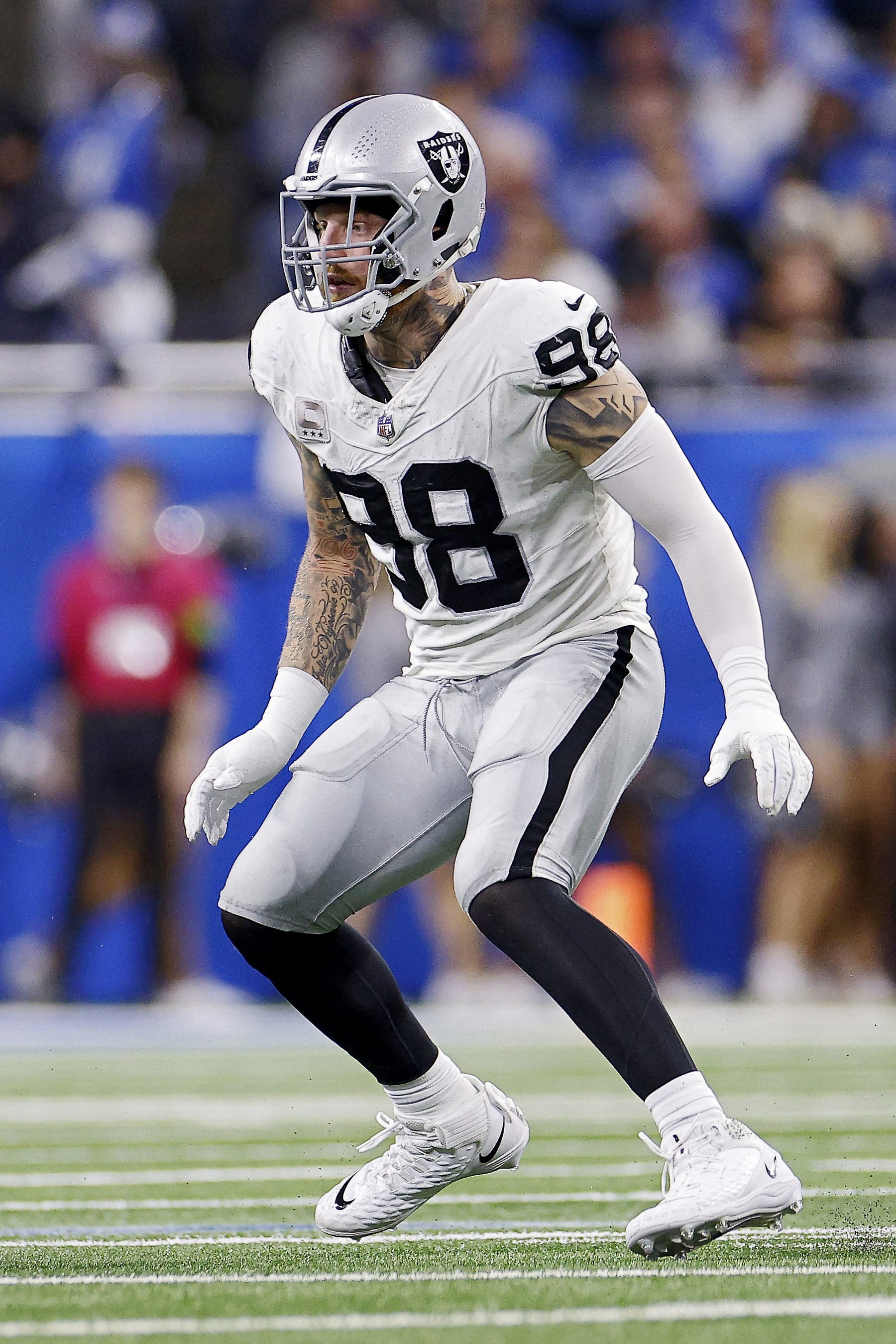 DETROIT, MICHIGAN - OCTOBER 30: Maxx Crosby #98 of the Las Vegas Raiders plays in the second half of a game against the Detroit Lions at Ford Field on October 30, 2023 in Detroit, Michigan. (Photo by Mike Mulholland/Getty Images)