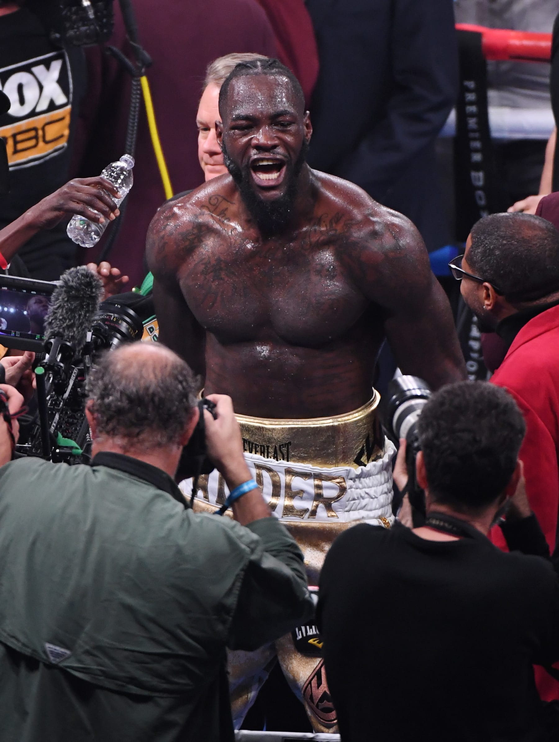 LAS VEGAS, NEVADA - NOVEMBER 23:  Deontay Wilder celebrates his seventh-round knockout victory over Luis Ortiz to retain his WBC heavyweight title at MGM Grand Garden Arena on November 23, 2019 in Las Vegas, Nevada.  (Photo by Ethan Miller/Getty Images)