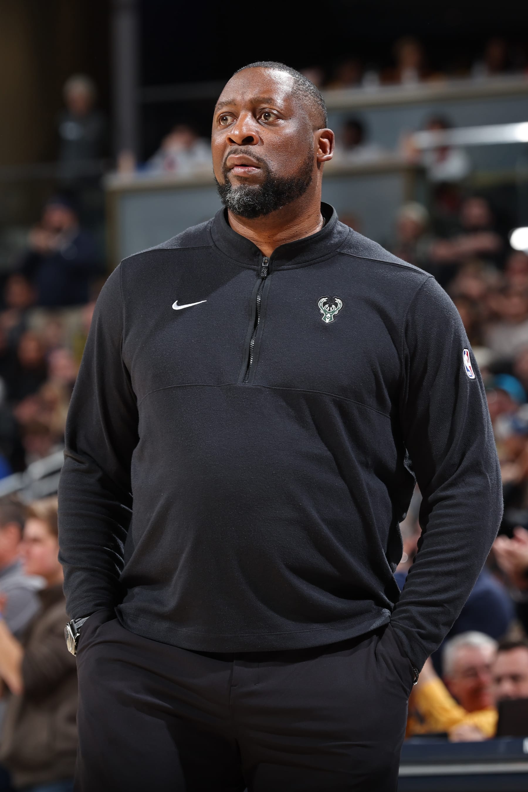 INDIANAPOLIS, IN - JANUARY 3: Head Coach Adrian Griffin of the Milwaukee Bucks looks on during the game against the Indiana Pacers on January 3, 2024 at Gainbridge Fieldhouse in Indianapolis, Indiana. NOTE TO USER: User expressly acknowledges and agrees that, by downloading and or using this Photograph, user is consenting to the terms and conditions of the Getty Images License Agreement. Mandatory Copyright Notice: Copyright 2024 NBAE (Photo by Jeff Haynes/NBAE via Getty Images)