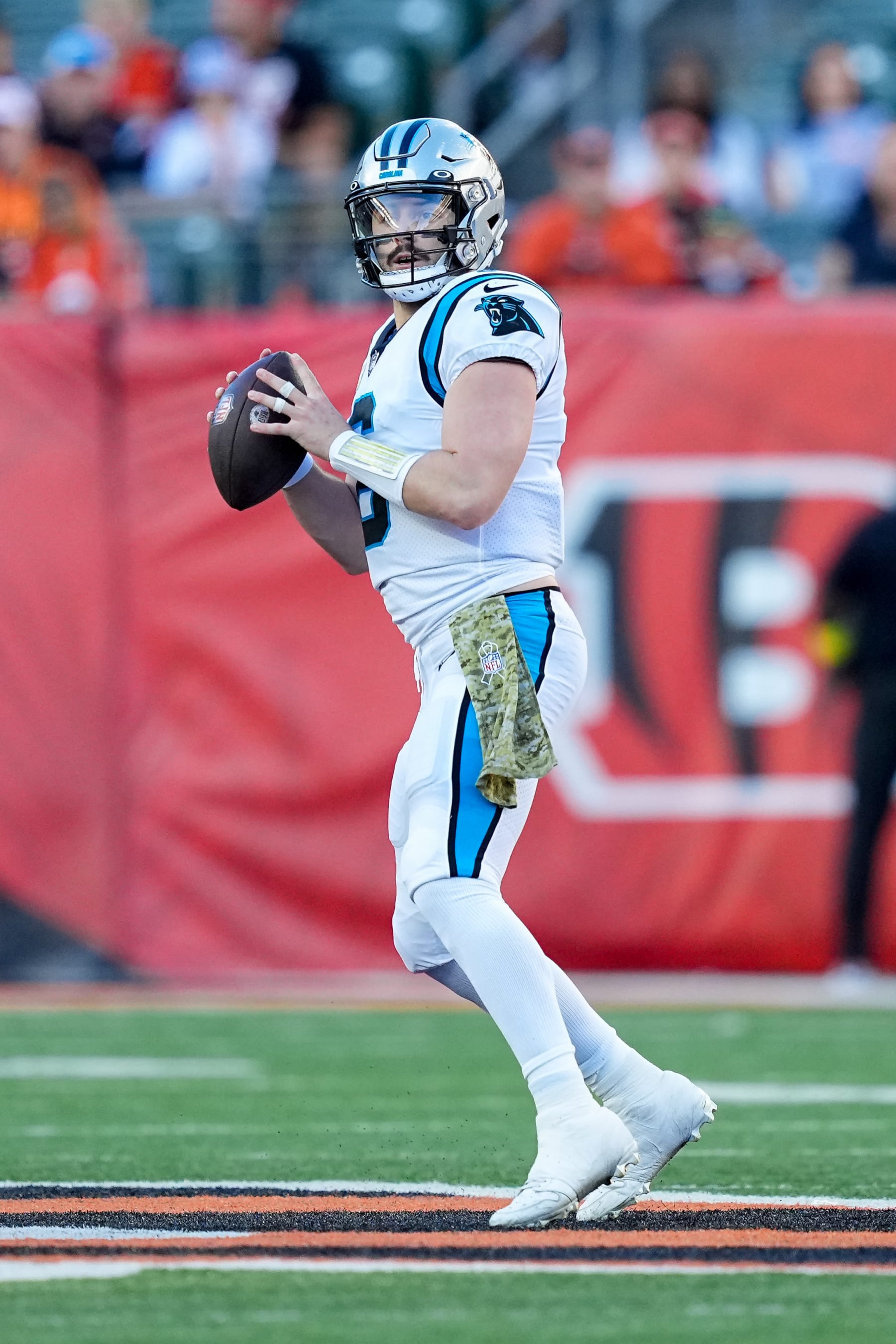 CINCINNATI, OHIO - NOVEMBER 06: Baker Mayfield #6 of the Carolina Panthers drops back to pass in the fourth quarter against the Cincinnati Bengals at Paycor Stadium on November 06, 2022 in Cincinnati, Ohio. (Photo by Dylan Buell/Getty Images)