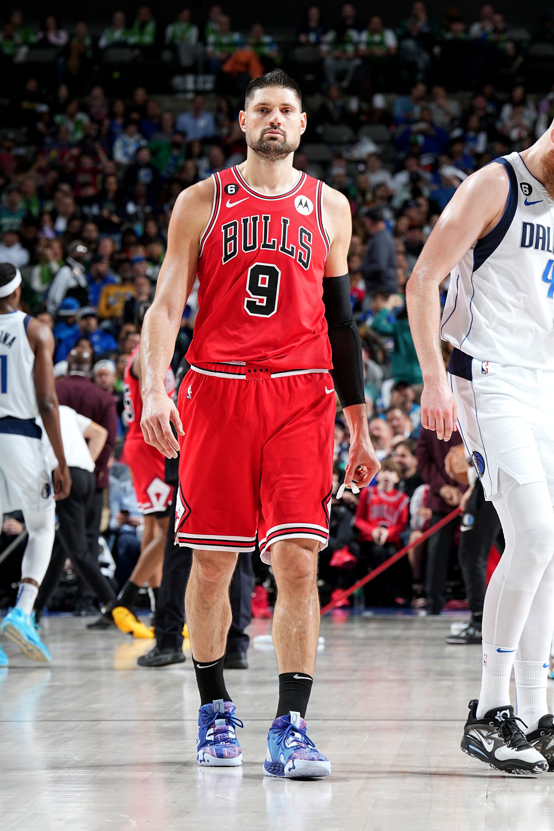 DALLAS, TX - APRIL 7: Nikola Vucevic #9 of the Chicago Bulls looks on during the game against the Dallas Mavericks on April 7, 2023 at the American Airlines Center in Dallas, Texas. NOTE TO USER: User expressly acknowledges and agrees that, by downloading and or using this photograph, User is consenting to the terms and conditions of the Getty Images License Agreement. Mandatory Copyright Notice: Copyright 2023 NBAE (Photo by Glenn James/NBAE via Getty Images)