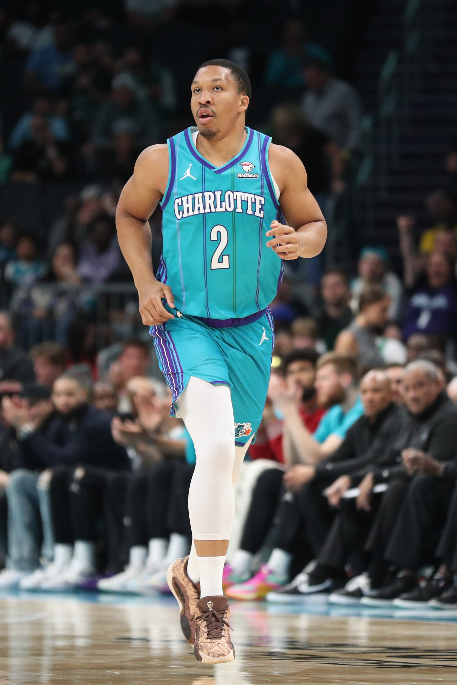 CHARLOTTE, NC - APRIL 1: Grant Williams #2 of the Charlotte Hornets looks on during the game against the Boston Celtics on April 1, 2024 at Spectrum Center in Charlotte, North Carolina. NOTE TO USER: User expressly acknowledges and agrees that, by downloading and or using this photograph, User is consenting to the terms and conditions of the Getty Images License Agreement.  Mandatory Copyright Notice:  Copyright 2024 NBAE (Photo by Brock Williams-Smith/NBAE via Getty Images)