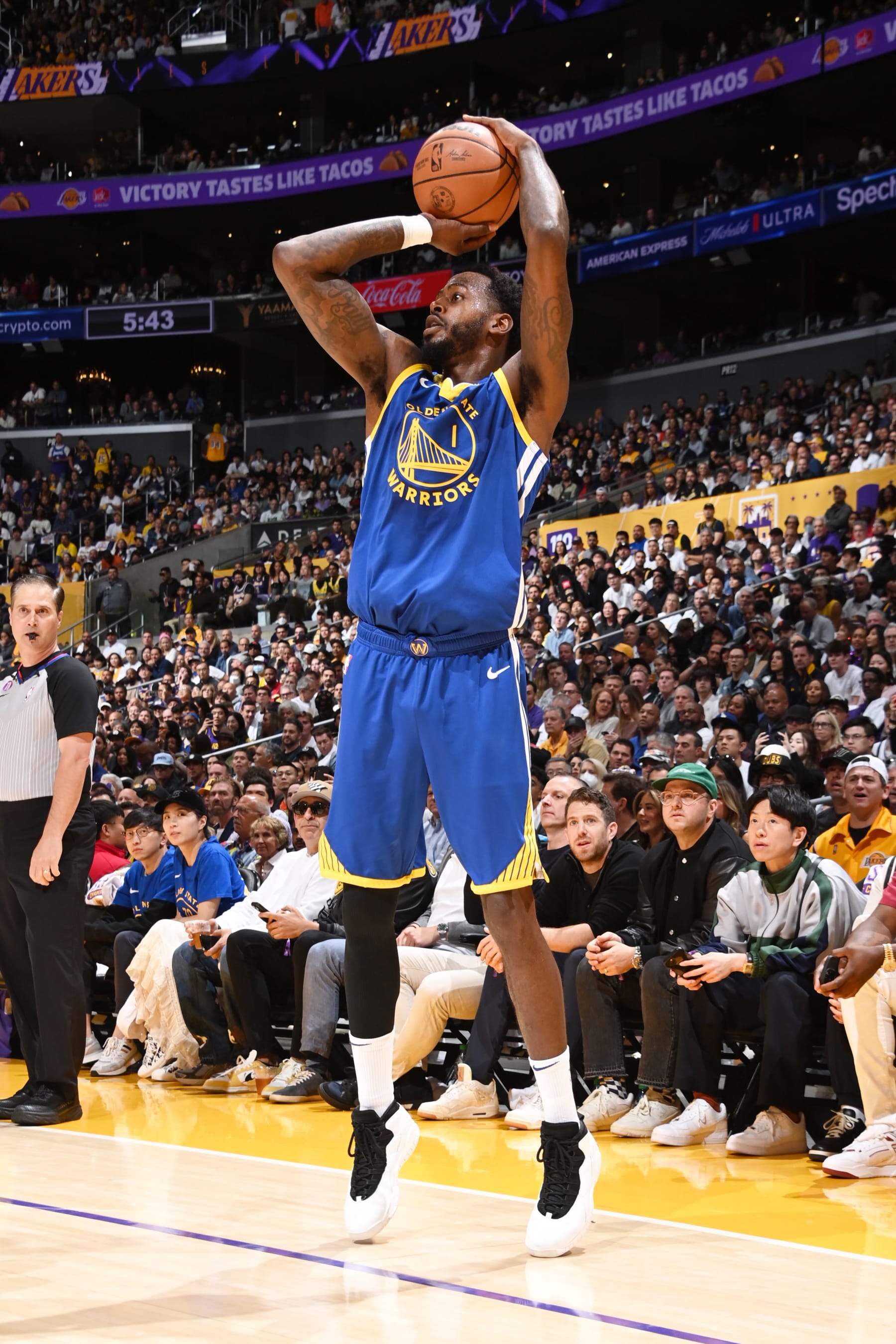LOS ANGELES, CA - MAY 6: JaMychal Green #1 of the Golden State Warriors shoots a three point basket during Round 2 Game 3 of the Western Conference Semi-Finals 2023 NBA Playoffs against the Los Angeles Lakers on May 6, 2023 at Crypto.Com Arena in Los Angeles, California. NOTE TO USER: User expressly acknowledges and agrees that, by downloading and/or using this Photograph, user is consenting to the terms and conditions of the Getty Images License Agreement. Mandatory Copyright Notice: Copyright 2023 NBAE (Photo by Andrew D. Bernstein/NBAE via Getty Images)