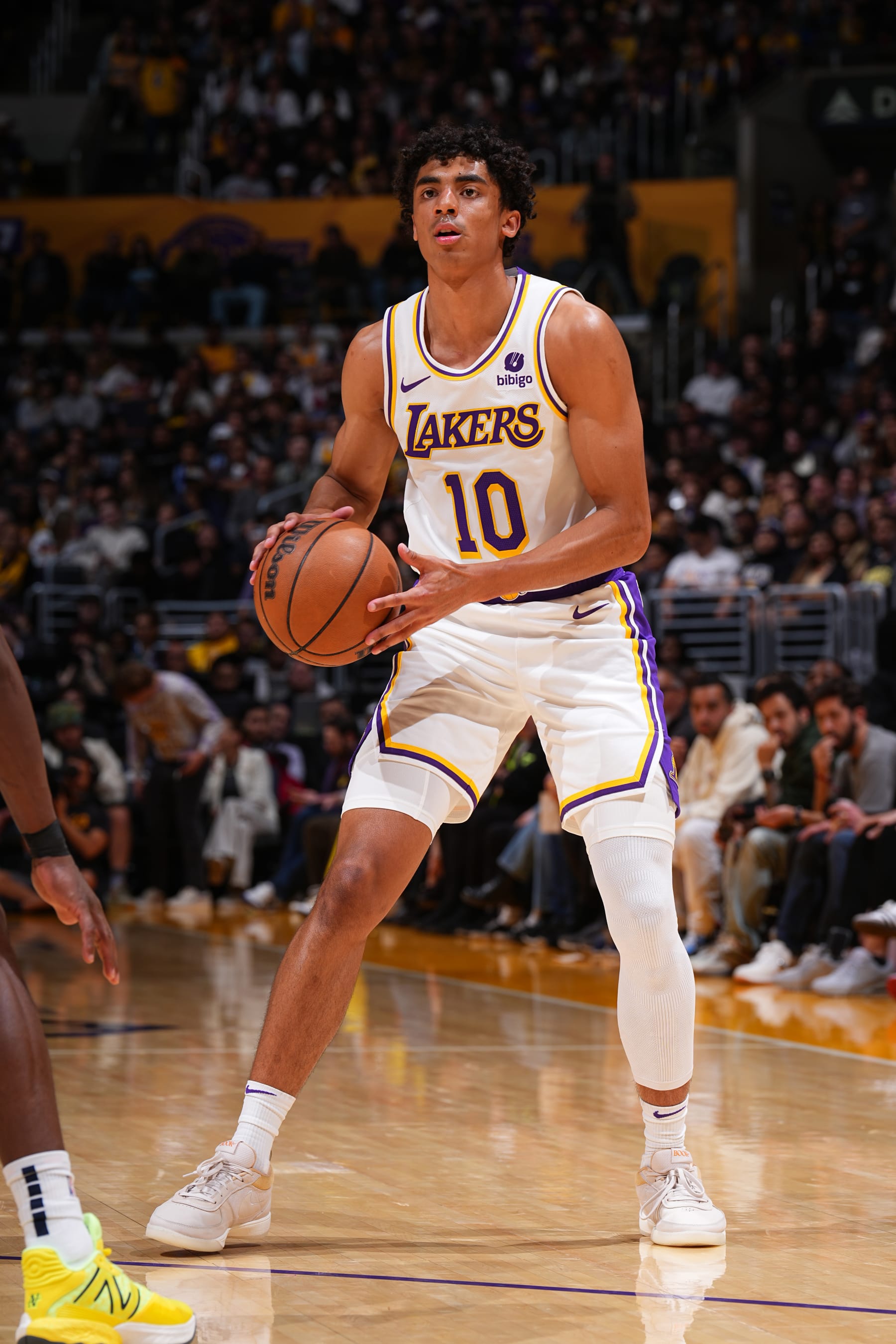 LOS ANGELES, CA - MARCH 24: Max Christie #10 of the Los Angeles Lakers handles the ball during the game against the Indiana Pacers on March 24, 2024 at Crypto.Com Arena in Los Angeles, California. NOTE TO USER: User expressly acknowledges and agrees that, by downloading and/or using this Photograph, user is consenting to the terms and conditions of the Getty Images License Agreement. Mandatory Copyright Notice: Copyright 2024 NBAE (Photo by Garrett Ellwood/NBAE via Getty Images)