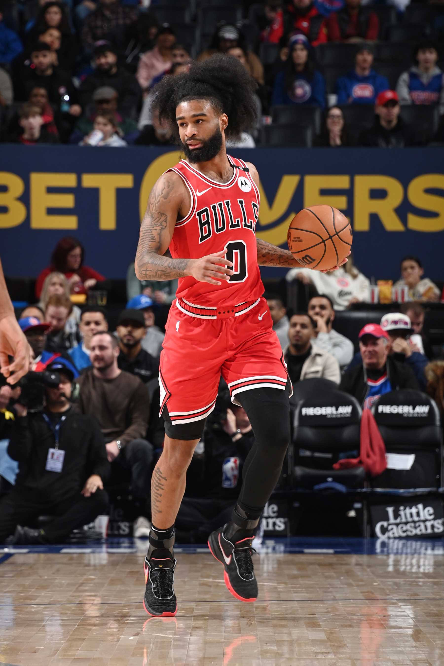 DETROIT, MI - FEBRUARY 2: Coby White #0 of the Chicago Bulls dribbles the ball during the game against the Detroit Pistons on February 2, 2025 at Little Caesars Arena in Detroit, Michigan. NOTE TO USER: User expressly acknowledges and agrees that, by downloading and/or using this photograph, User is consenting to the terms and conditions of the Getty Images License Agreement. Mandatory Copyright Notice: Copyright 2025 NBAE (Photo by Chris Schwegler/NBAE via Getty Images)
