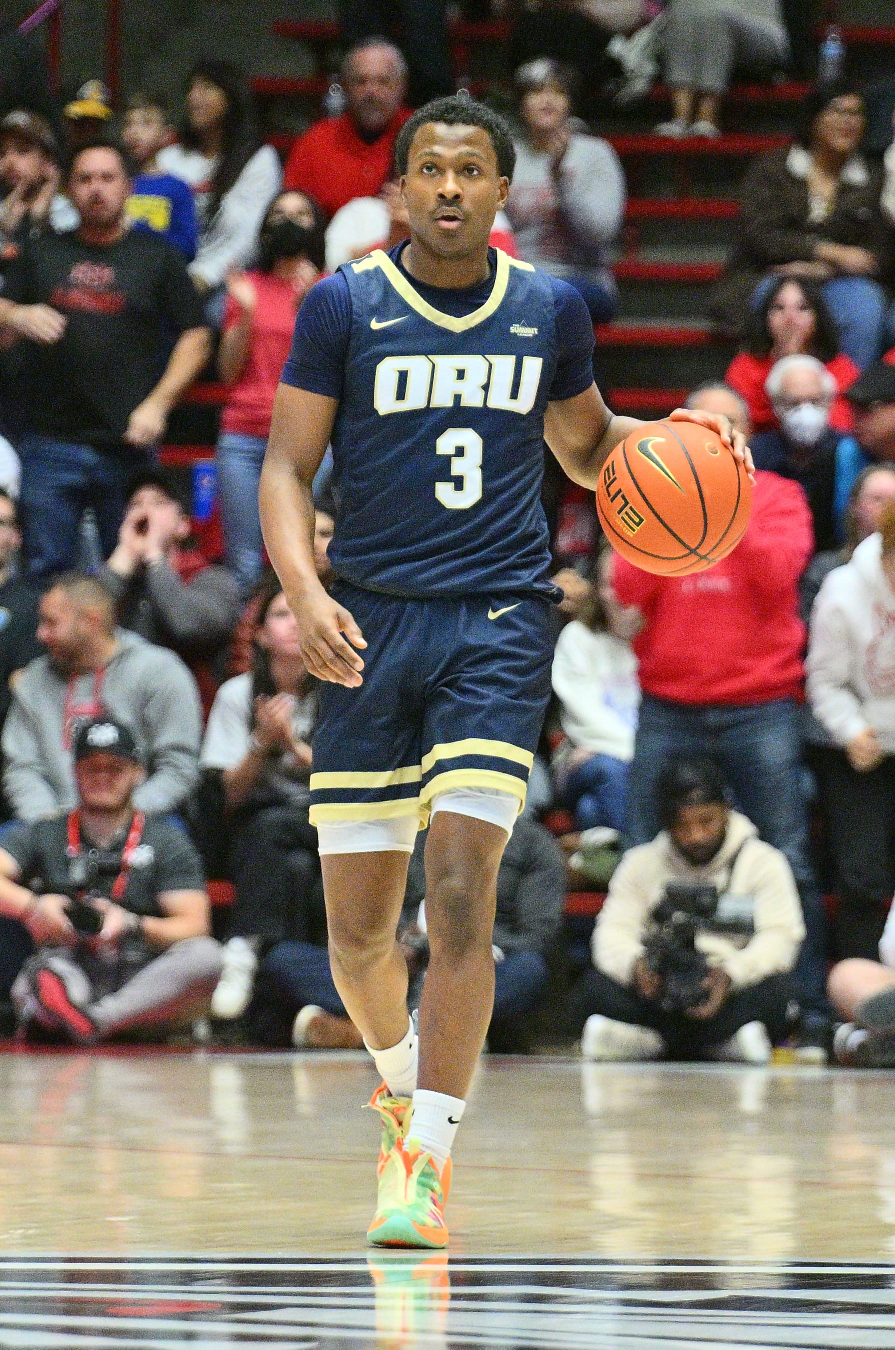 ALBUQUERQUE, NEW MEXICO - JANUARY 09: Max Abmas #3 of the Oral Roberts Golden Eagles dribbles against the New Mexico Lobos during the first half of their game at The Pit on January 09, 2023 in Albuquerque, New Mexico. (Photo by Sam Wasson/Getty Images)