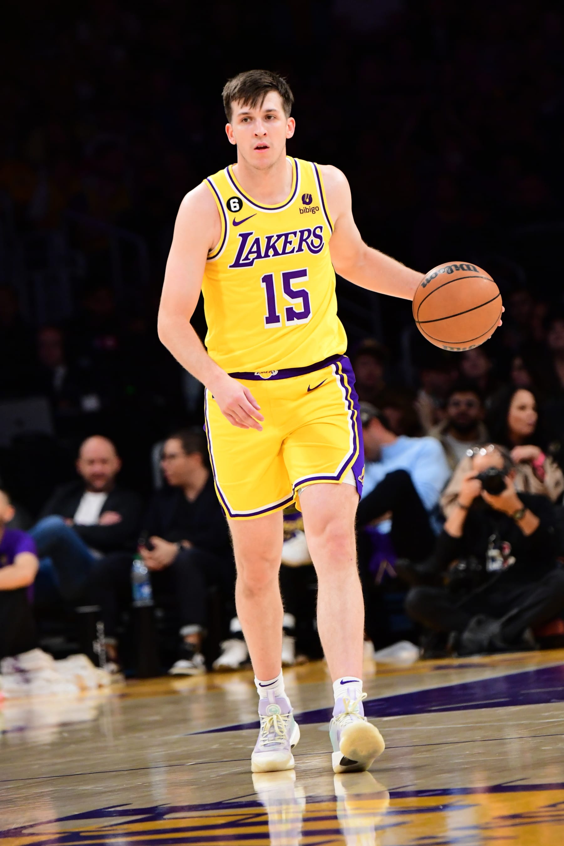 LOS ANGELES, CA - FEBRUARY 9: Austin Reaves #15 of the Los Angeles Lakers dribbles the ball during the game against the Milwaukee Bucks on February 9, 2023 at Crypto.Com Arena in Los Angeles, California. NOTE TO USER: User expressly acknowledges and agrees that, by downloading and/or using this Photograph, user is consenting to the terms and conditions of the Getty Images License Agreement. Mandatory Copyright Notice: Copyright 2023 NBAE (Photo by Adam Pantozzi/NBAE via Getty Images)