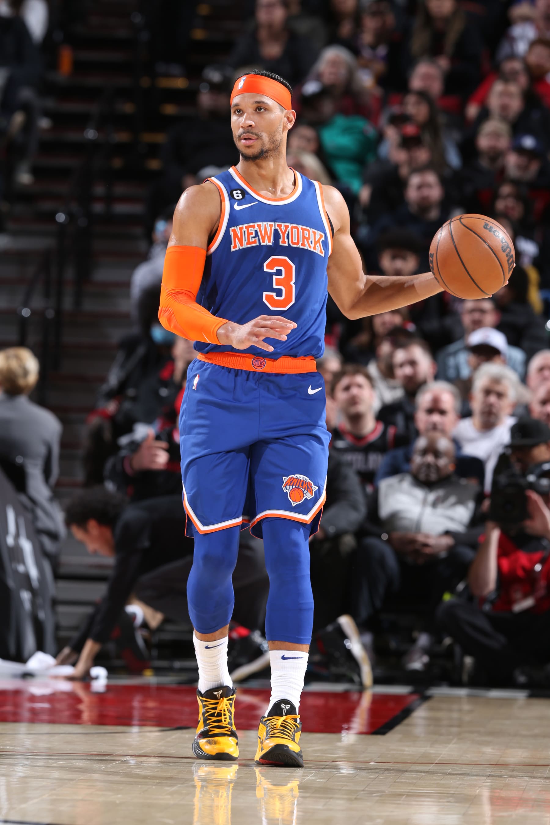 PORTLAND, OR - MARCH 14:  Josh Hart #3 of the New York Knicks handles the ball during the game  on March 14, 2023 at the Moda Center Arena in Portland, Oregon. NOTE TO USER: User expressly acknowledges and agrees that, by downloading and or using this photograph, user is consenting to the terms and conditions of the Getty Images License Agreement. Mandatory Copyright Notice: Copyright 2023 NBAE (Photo by Sam Forencich/NBAE via Getty Images)