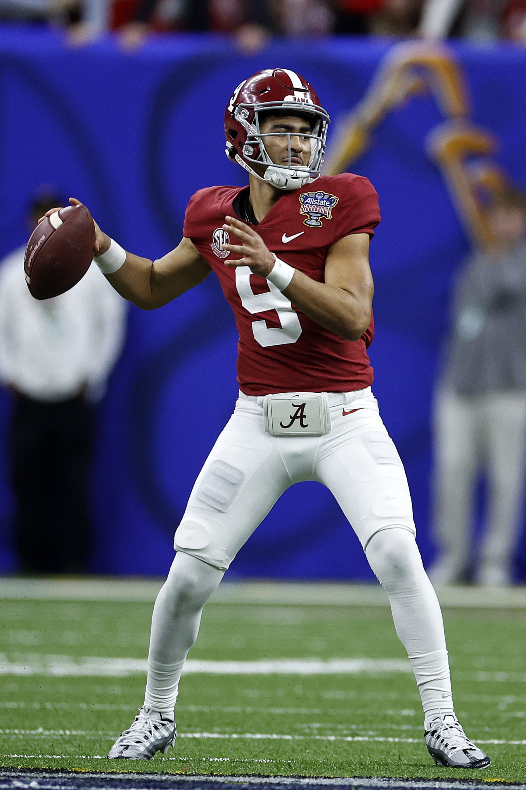 NEW ORLEANS, LOUISIANA - DECEMBER 31: Bryce Young #9 of the Alabama Crimson Tide throws a pass against the Kansas State Wildcats during the Allstate Sugar Bowl at Caesars Superdome on December 31, 2022 in New Orleans, Louisiana. (Photo by Chris Graythen/Getty Images)