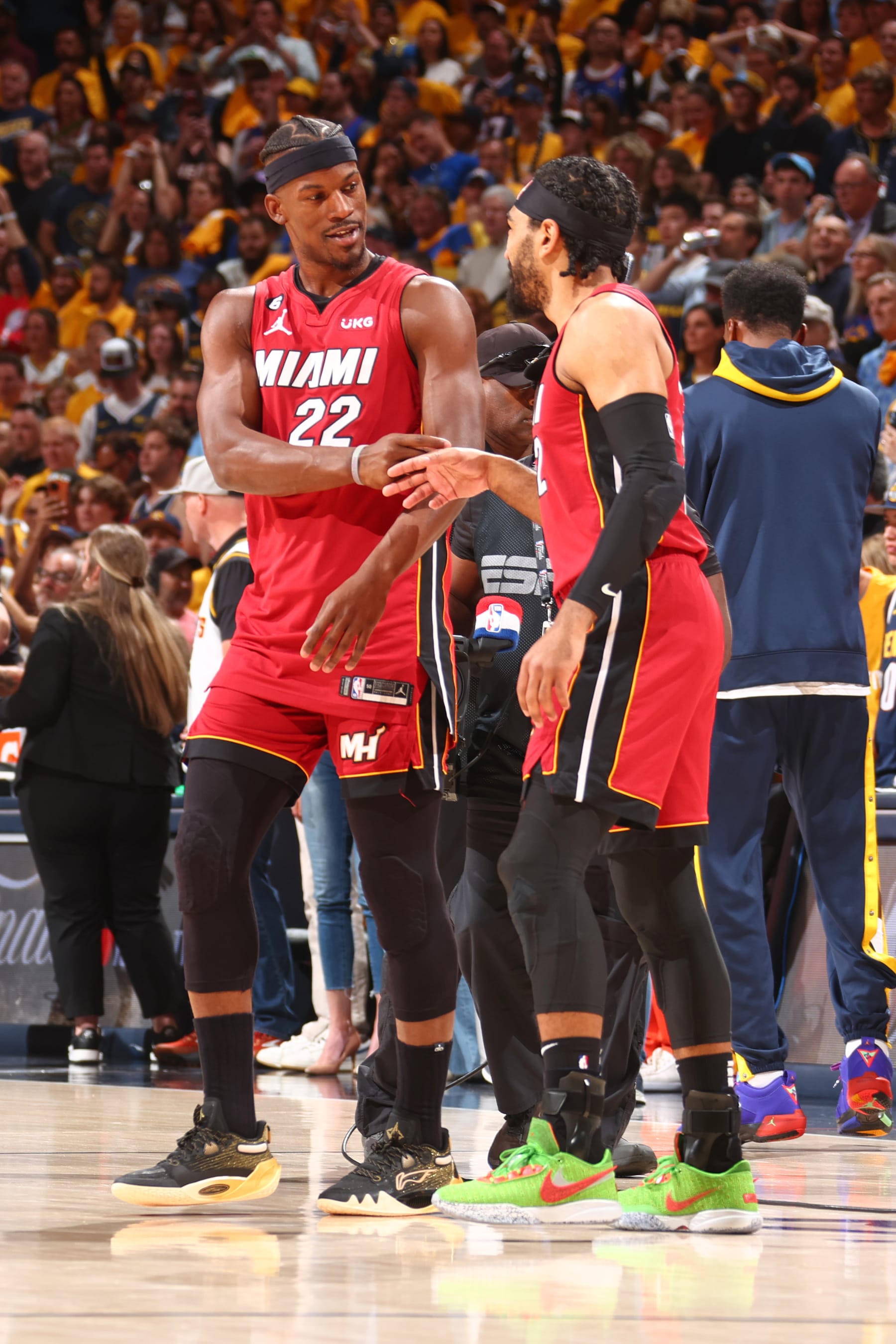 DENVER, CO - JUNE 1: Jimmy Butler #22 of the Miami Heat high fives Gabe Vincent #2 during Game One of the 2023 NBA Finals on June 1, 2023 at the Ball Arena in Denver, Colorado. NOTE TO USER: User expressly acknowledges and agrees that, by downloading and/or using this Photograph, user is consenting to the terms and conditions of the Getty Images License Agreement. Mandatory Copyright Notice: Copyright 2023 NBAE (Photo by Nathaniel S. Butler/NBAE via Getty Images)