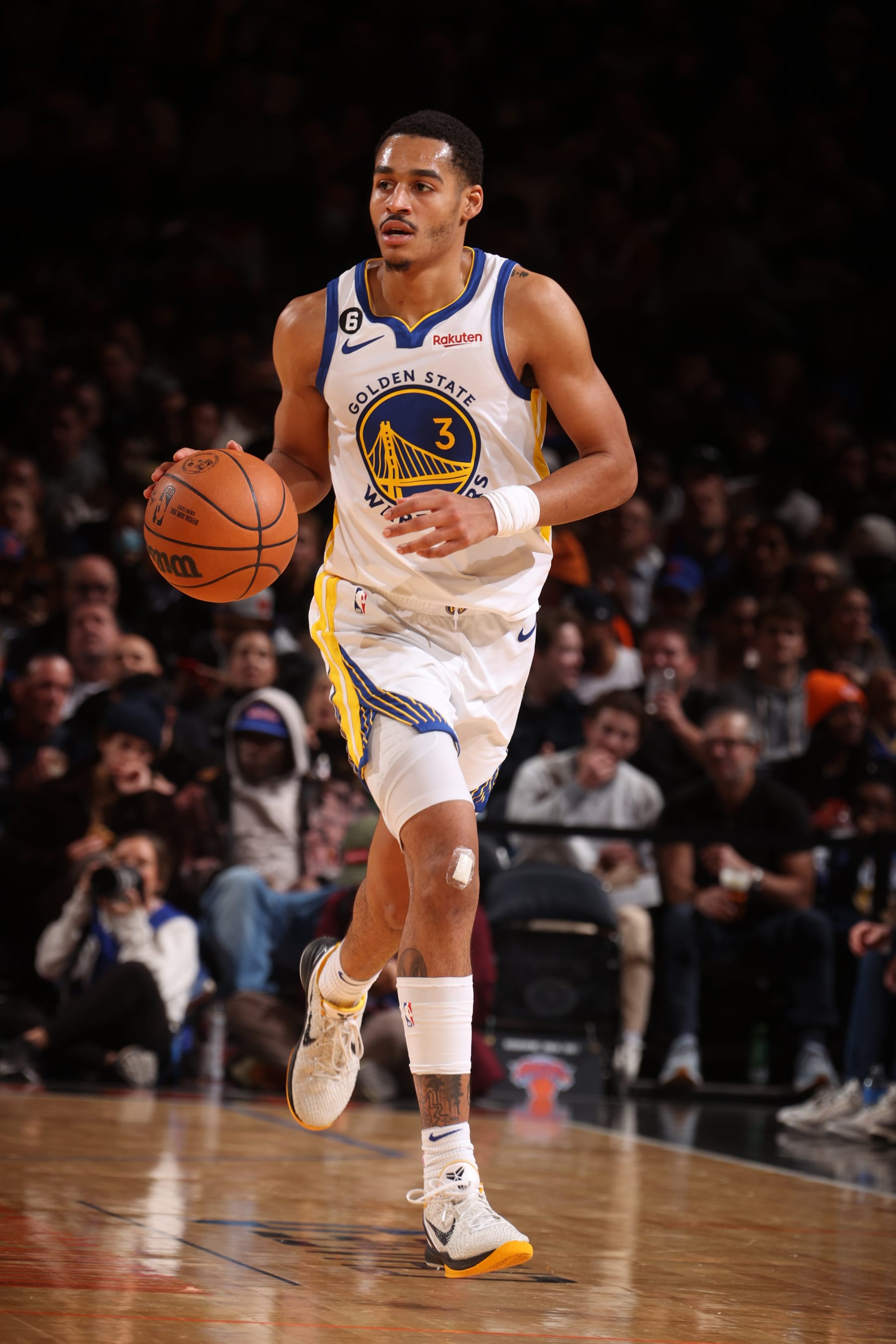 NEW YORK, NY - DECEMBER 20: Jordan Poole #3 of the Golden State Warriors dribbles the ball during the game against the New York Knicks on December 20, 2022 at Madison Square Garden in New York City, New York.  NOTE TO USER: User expressly acknowledges and agrees that, by downloading and or using this photograph, User is consenting to the terms and conditions of the Getty Images License Agreement. Mandatory Copyright Notice: Copyright 2022 NBAE  (Photo by Nathaniel S. Butler/NBAE via Getty Images)