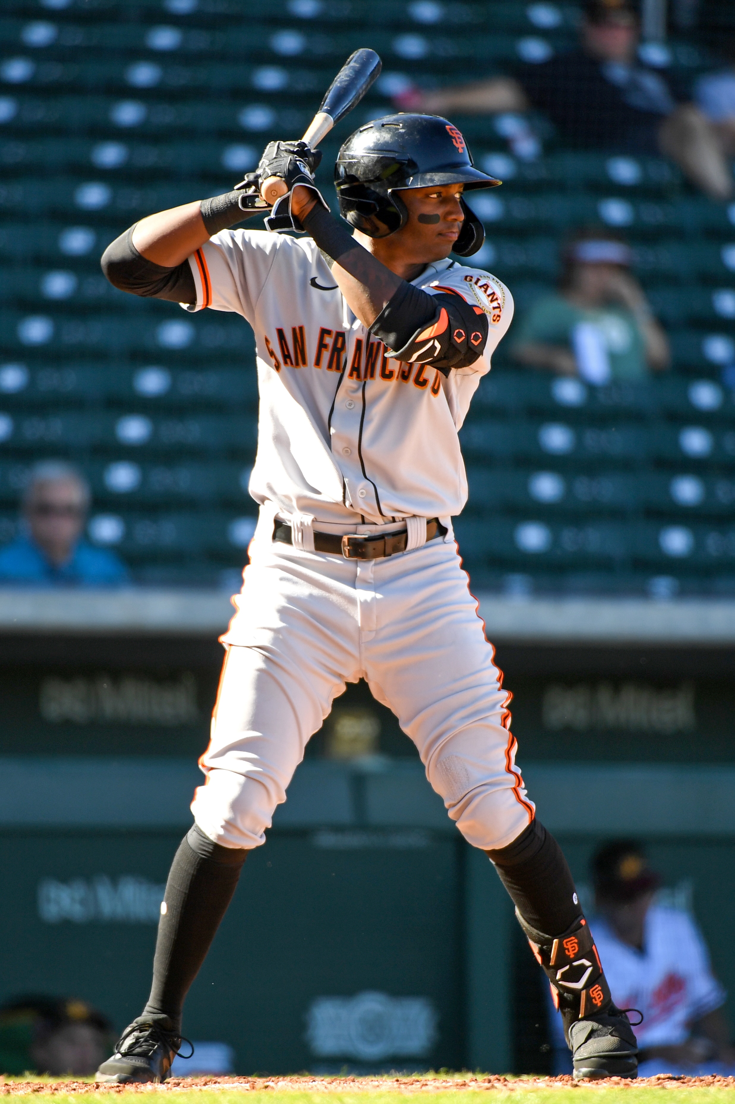 MESA, AZ - NOVEMBER 08, 2021: Marco Luciano #7 of the Scottsdale Scorpions bats during a game against the Mesa Solar Sox at Sloan Park on November 8, 2021 in Mesa, Arizona. (Photo by Chris Bernacchi/Diamond Images via Getty Images)