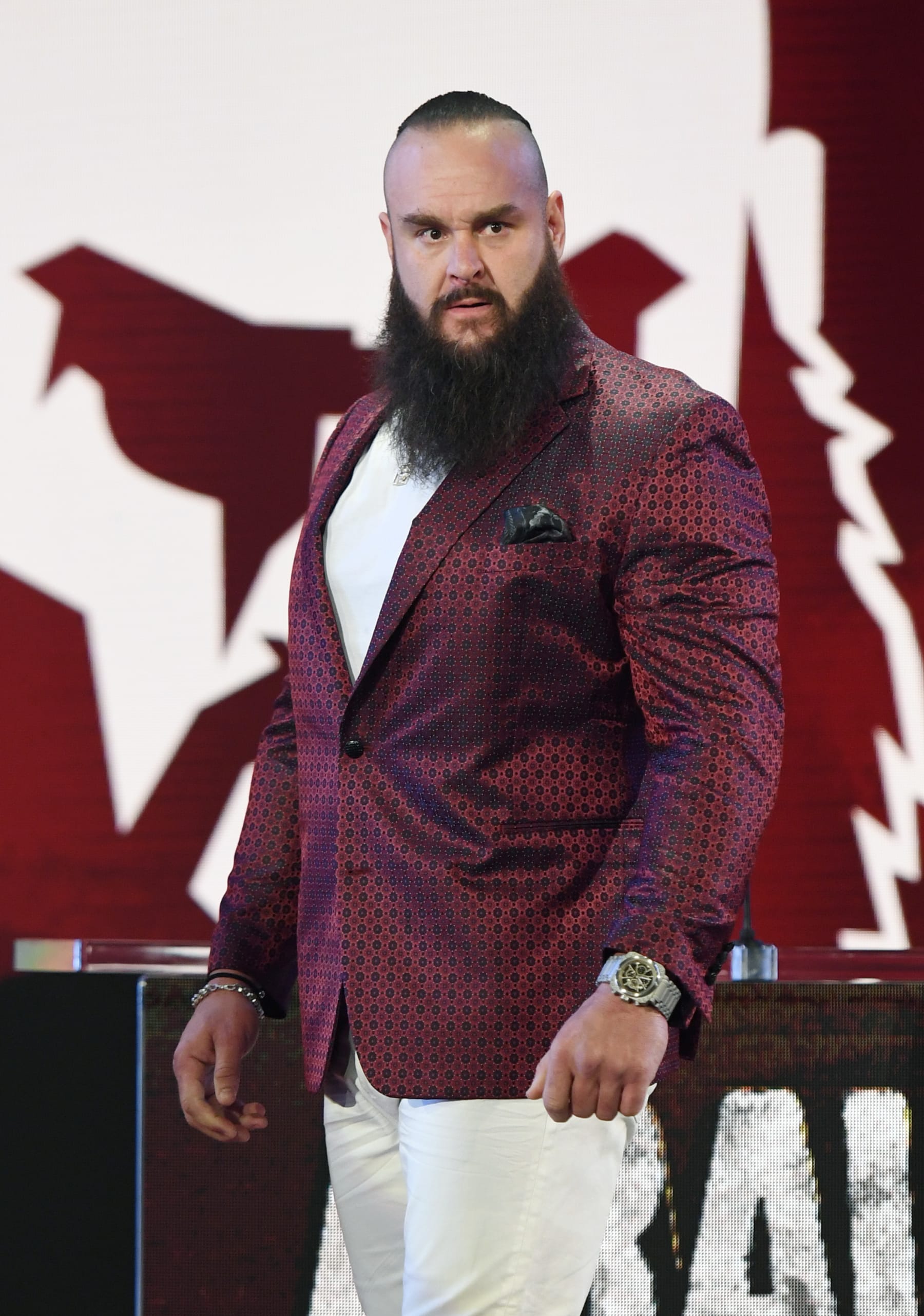 LAS VEGAS, NEVADA - OCTOBER 11:  WWE wrestler Braun Strowman is introduced at a WWE news conference at T-Mobile Arena on October 11, 2019 in Las Vegas, Nevada. Strowman will face heavyweight boxer Tyson Fury and WWE champion Brock Lesnar will take on former UFC heavyweight champion Cain Velasquez at the WWE's Crown Jewel event at Fahd International Stadium in Riyadh, Saudi Arabia on October 31.  (Photo by Ethan Miller/Getty Images)