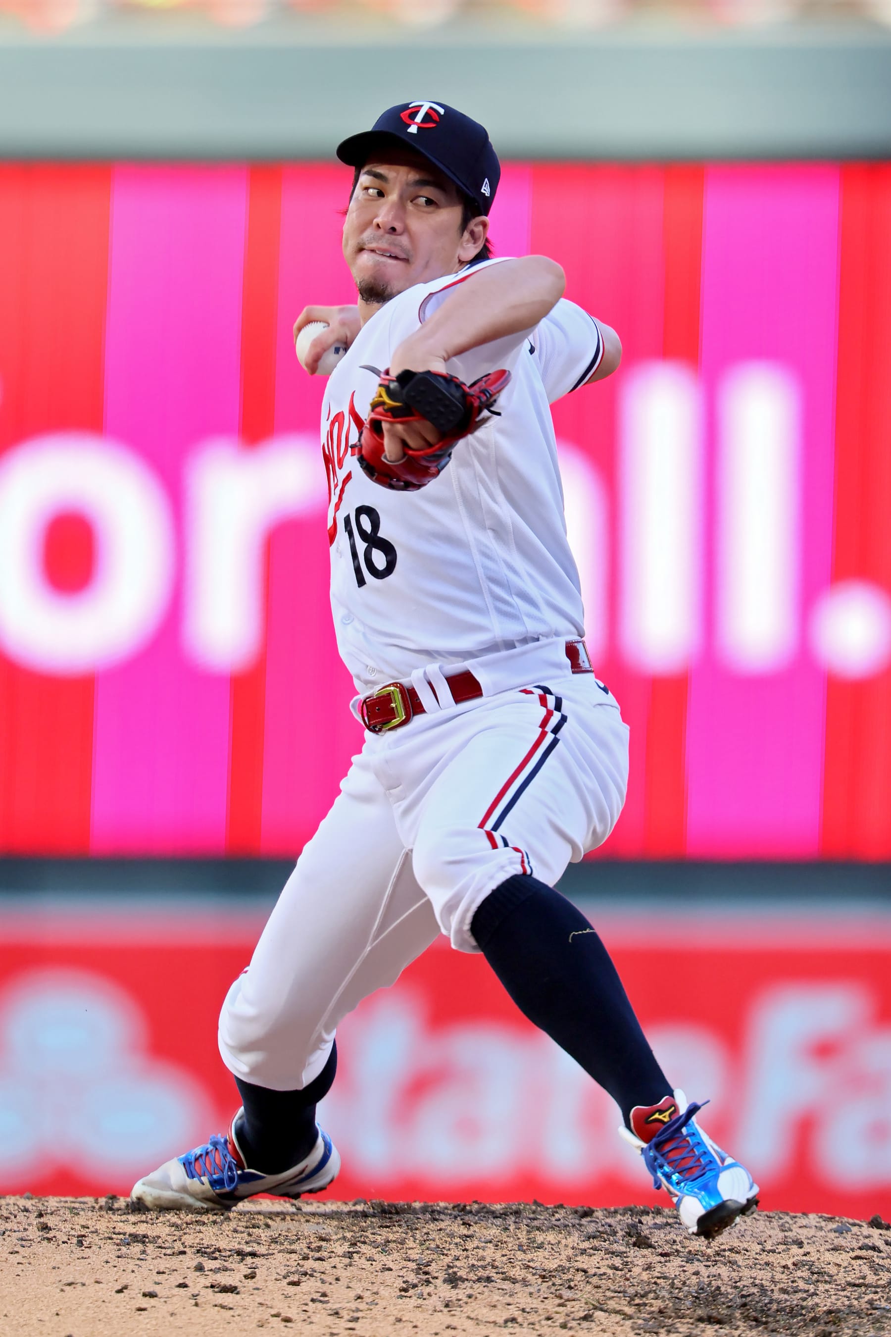MINNEAPOLIS, MINNESOTA - OCTOBER 10: Kenta Maeda #18 of the Minnesota Twins pitches in the sixth inning against the Houston Astros during Game Three of the Division Series at Target Field on October 10, 2023 in Minneapolis, Minnesota. (Photo by Adam Bettcher/Getty Images)