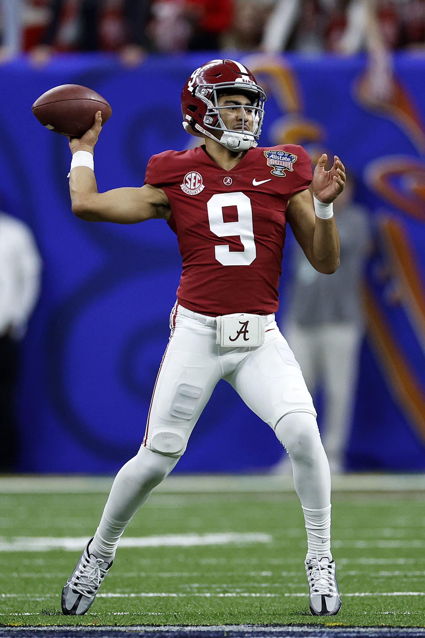 NEW ORLEANS, LOUISIANA - DECEMBER 31: Bryce Young #9 of the Alabama Crimson Tide throws a pass against the Kansas State Wildcats during the Allstate Sugar Bowl at Caesars Superdome on December 31, 2022 in New Orleans, Louisiana. (Photo by Chris Graythen/Getty Images)