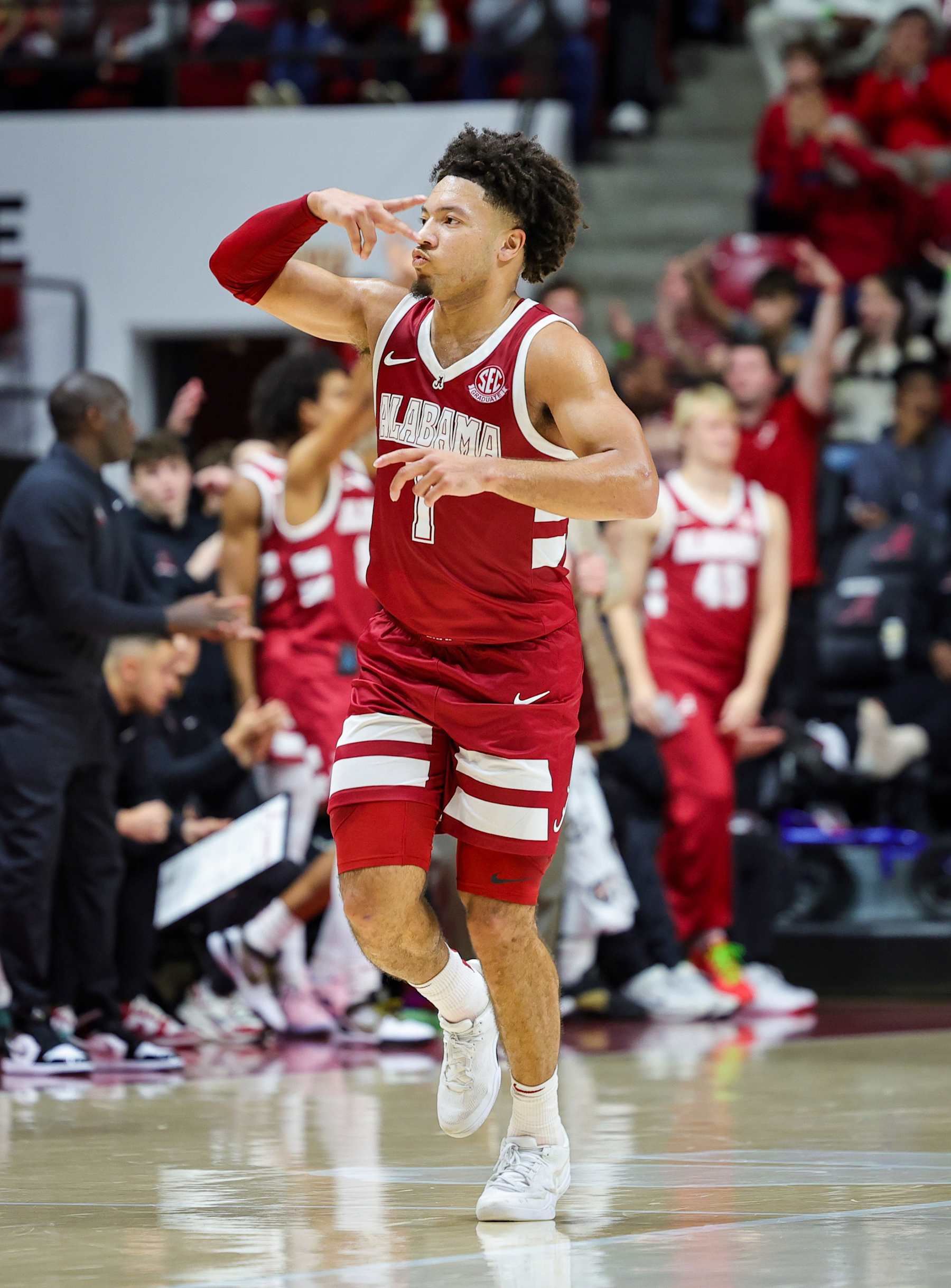 TUSCALOOSA, ALABAMA - DECEMBER 14: Mark Sears #1 of the Alabama Crimson Tide reacts after knocking down a second half three against the Creighton Bluejays at Coleman Coliseum on December 14, 2024 in Tuscaloosa, Alabama.  (Photo by Brandon Sumrall/Getty Images)
