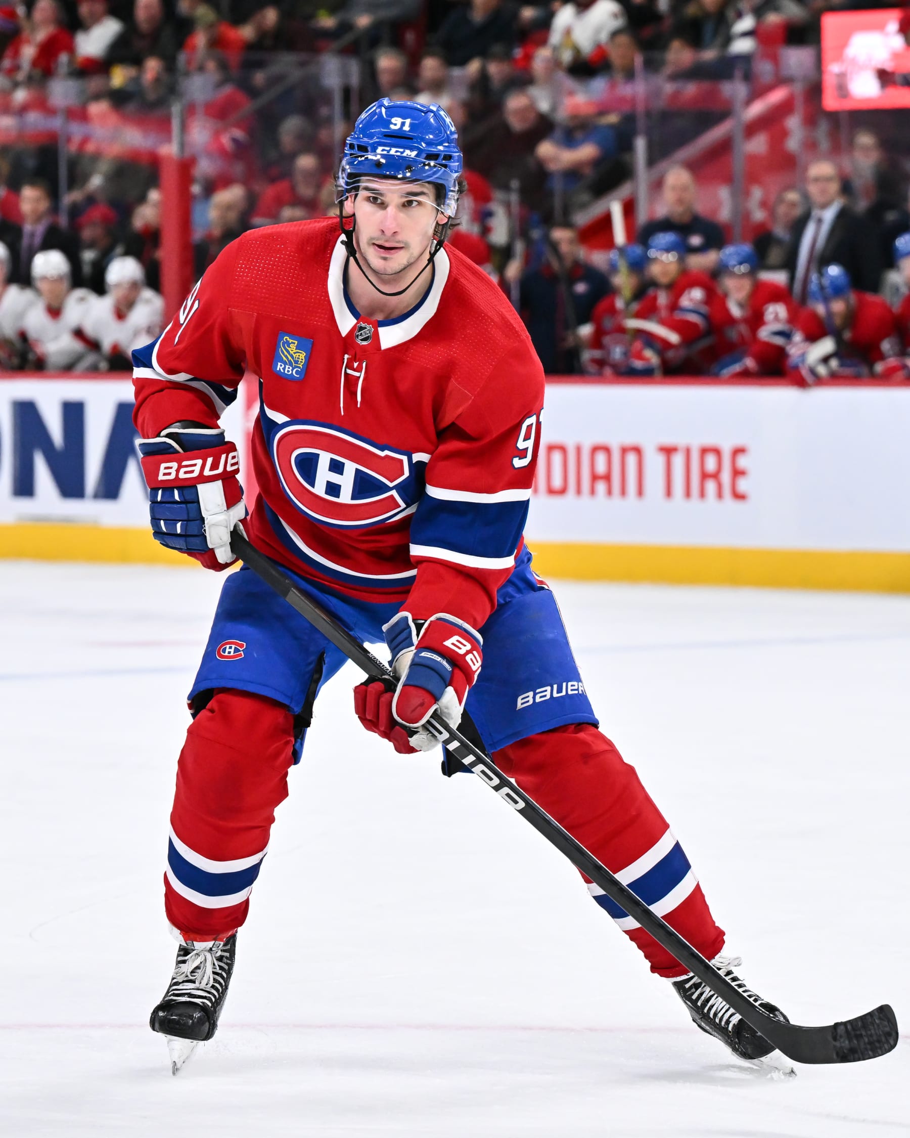 MONTREAL, CANADA - JANUARY 23:  Sean Monahan #91 of the Montreal Canadiens skates during the second period against the Ottawa Senators at the Bell Centre on January 23, 2024 in Montreal, Quebec, Canada.  The Ottawa Senators defeated the Montreal Canadiens 4-1.  (Photo by Minas Panagiotakis/Getty Images)