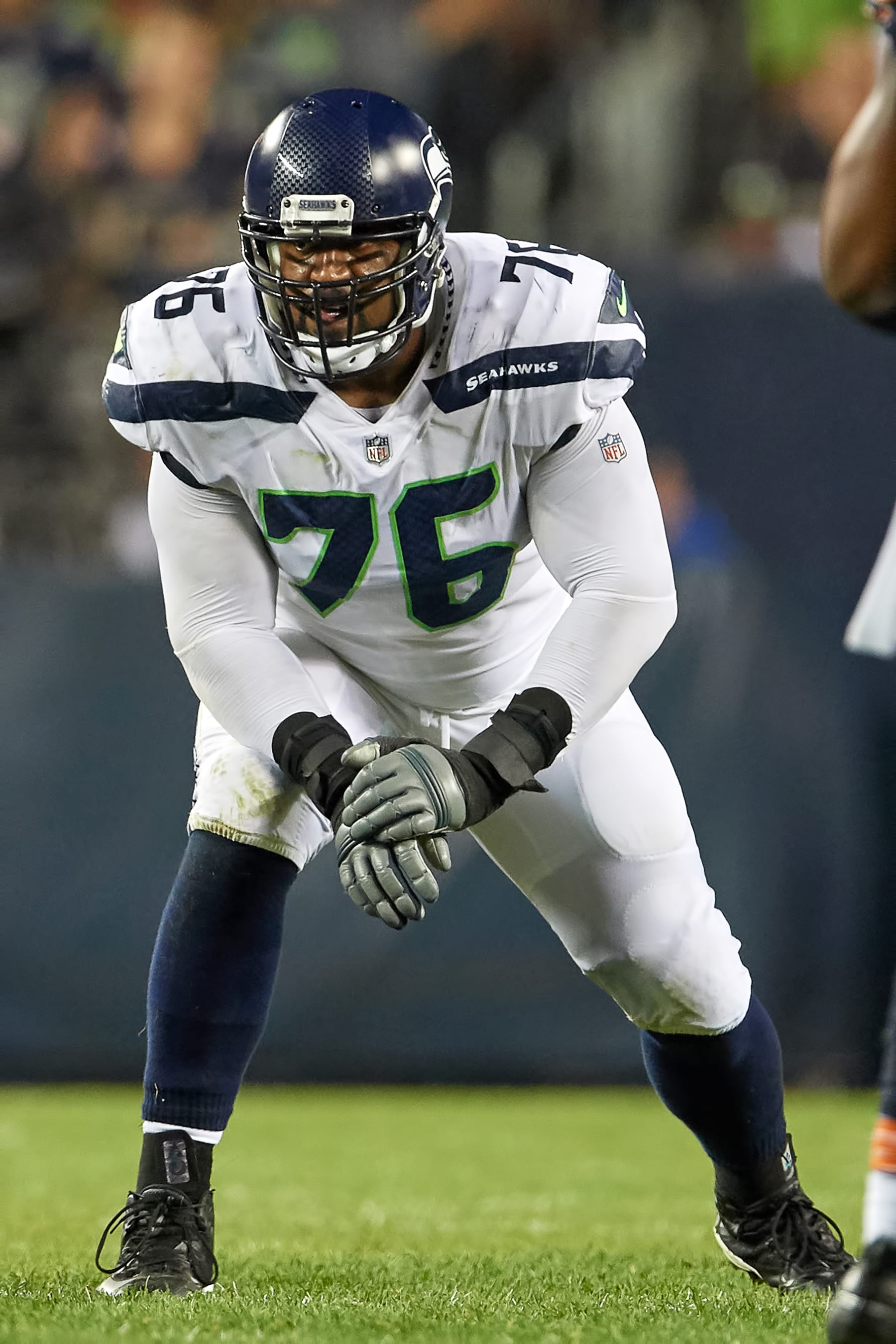 CHICAGO, IL - SEPTEMBER 17: Seattle Seahawks offensive tackle Duane Brown (76) looks on in game action during an NFL game between the Chicago Bears and the Seattle Seahawks on September 17, 2018 at Soldier Field in Chicago, Illinois. (Photo by Robin Alam/Icon Sportswire via Getty Images)