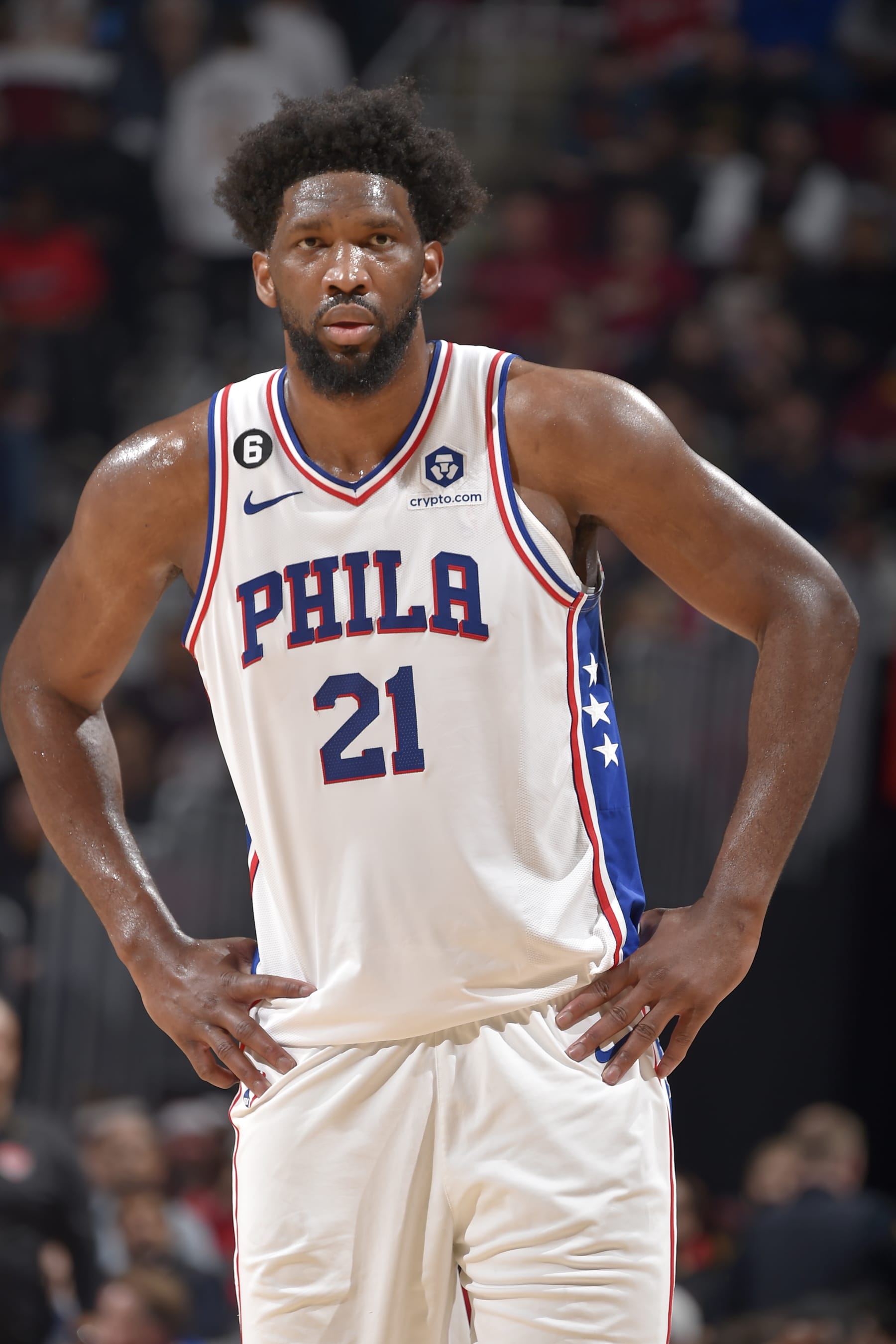 CLEVELAND, OH - MARCH 15: Joel Embiid #21 of the Philadelphia 76ers looks on during the game against the Cleveland Cavaliers on March 15, 2023 at Rocket Mortgage FieldHouse in Cleveland, Ohio. NOTE TO USER: User expressly acknowledges and agrees that, by downloading and/or using this Photograph, user is consenting to the terms and conditions of the Getty Images License Agreement. Mandatory Copyright Notice: Copyright 2023 NBAE (Photo by David Liam Kyle/NBAE via Getty Images)