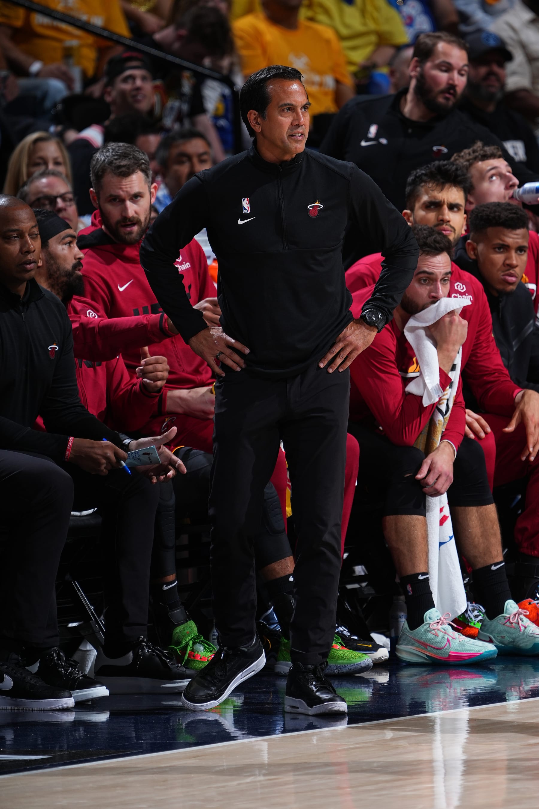 DENVER, CO - JUNE 1: Erik Spoelstra of the Miami Heat coaches against the Denver Nuggets during Game One of the 2023 NBA Finals on June 1, 2023 at the Ball Arena in Denver, Colorado. NOTE TO USER: User expressly acknowledges and agrees that, by downloading and/or using this Photograph, user is consenting to the terms and conditions of the Getty Images License Agreement. Mandatory Copyright Notice: Copyright 2023 NBAE (Photo by Garrett Ellwood/NBAE via Getty Images)