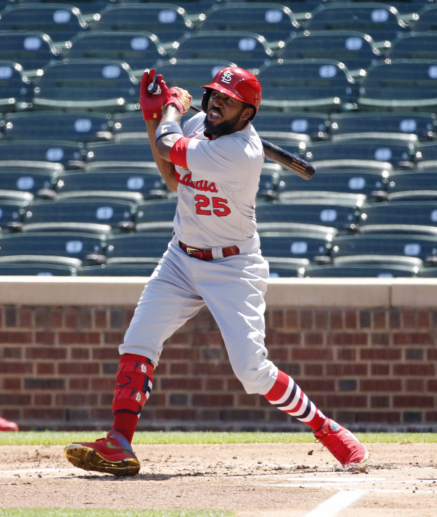 CHICAGO, ILLINOIS - AUGUST 19: Dexter Fowler #25 of the St. Louis Cardinals  at bat during the first inning of Game One of a doubleheader  against the Chicago Cubs at Wrigley Field on August 19, 2020 in Chicago, Illinois. (Photo by Nuccio DiNuzzo/Getty Images)