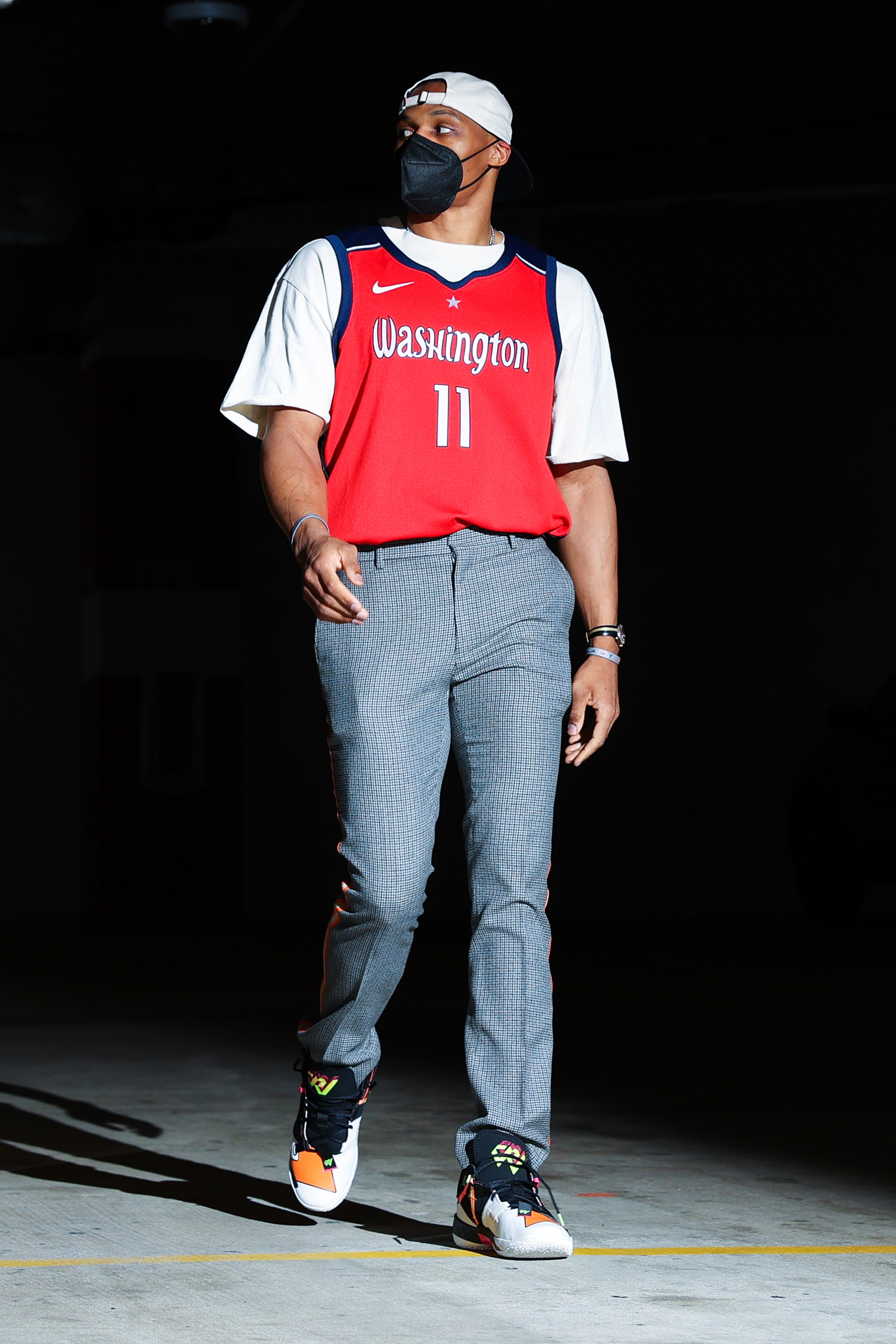 WASHINGTON, DC -  MAY 14: Russell Westbrook #4 of the Washington Wizards arrives to the arena prior to the game against the Cleveland Cavaliers on May 14, 2021 at Capital One Arena in Washington, DC. NOTE TO USER: User expressly acknowledges and agrees that, by downloading and or using this Photograph, user is consenting to the terms and conditions of the Getty Images License Agreement. Mandatory Copyright Notice: Copyright 2021 NBAE (Photo by Ned Dishman/NBAE via Getty Images)