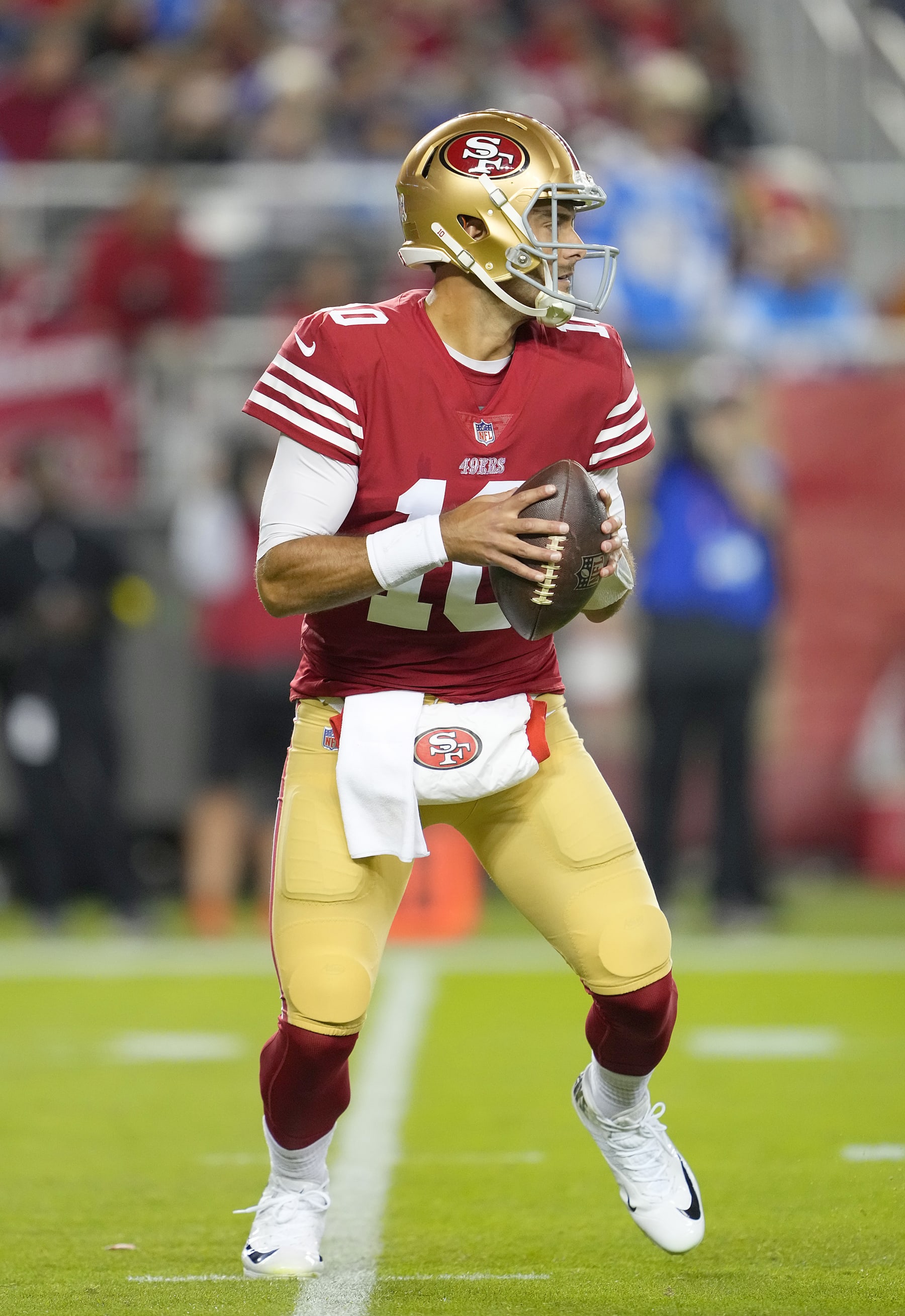 SANTA CLARA, CALIFORNIA - NOVEMBER 13: Jimmy Garoppolo #10 of the San Francisco 49ers drops back to pass against the Los Angeles Chargers during the first quarter of an NFL football game at Levi's Stadium on November 13, 2022 in Santa Clara, California. (Photo by Thearon W. Henderson/Getty Images)