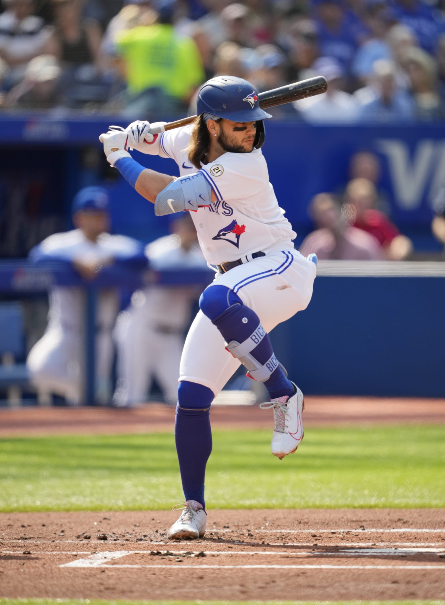 TORONTO, ON - SEPTEMBER 15: Bo Bichette #11 of the Toronto Blue Jays takes an at bat against the Tampa Bay Rays in the first inning during their MLB game at the Rogers Centre on September 15, 2022 in Toronto, Ontario, Canada. (Photo by Mark Blinch/Getty Images)