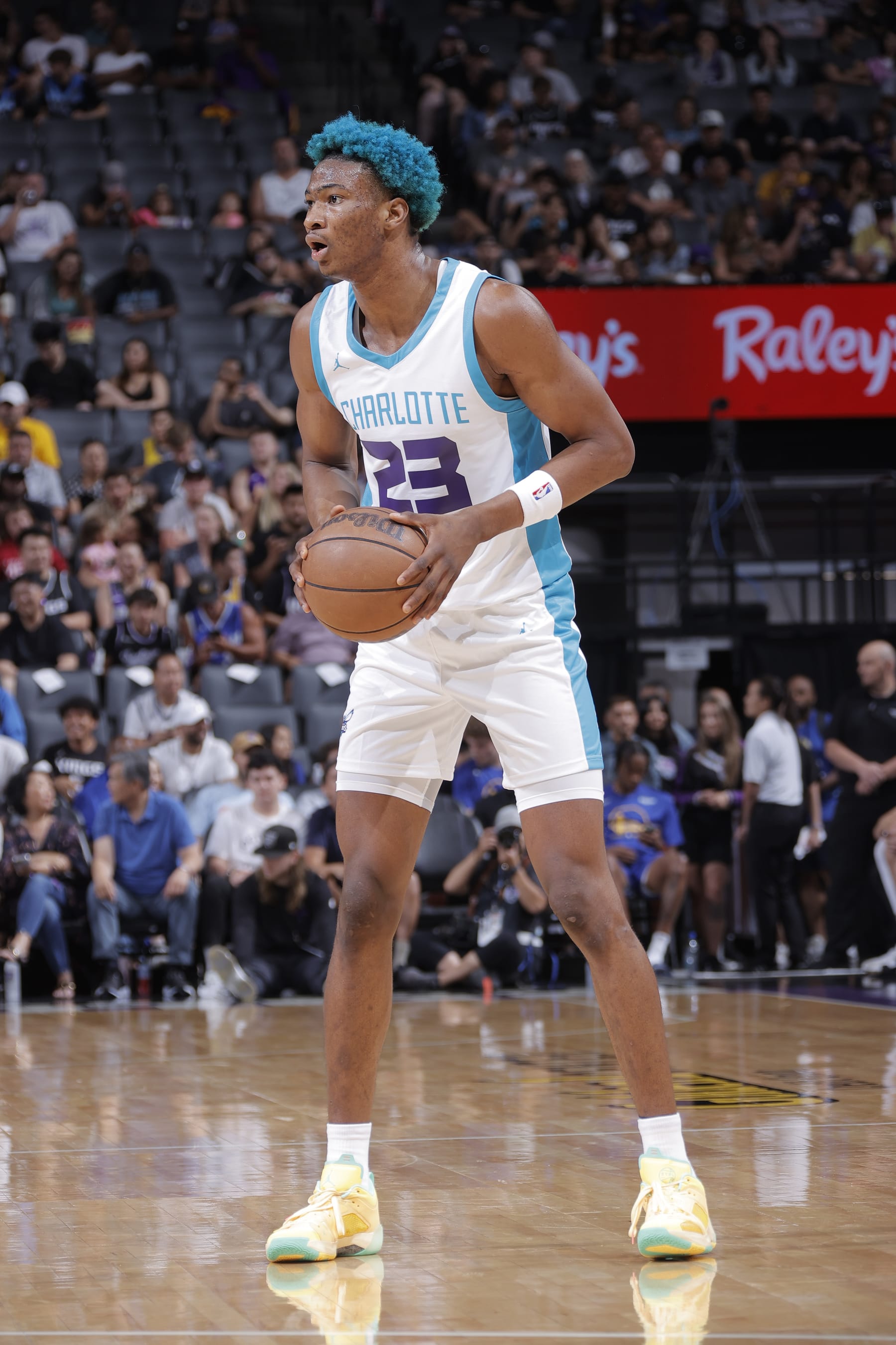 SACRAMENTO, CA - JULY 3: Kai Jones #23 of of the Charlotte Hornets handles the ball during the 2023 NBA California Classic against the San Antonio Spurs on July 3, 2023 at Golden 1 Center in Sacramento, California. NOTE TO USER: User expressly acknowledges and agrees that, by downloading and or using this Photograph, user is consenting to the terms and conditions of the Getty Images License Agreement. Mandatory Copyright Notice: Copyright 2023 NBAE (Photo by Rocky Widner/NBAE via Getty Images)