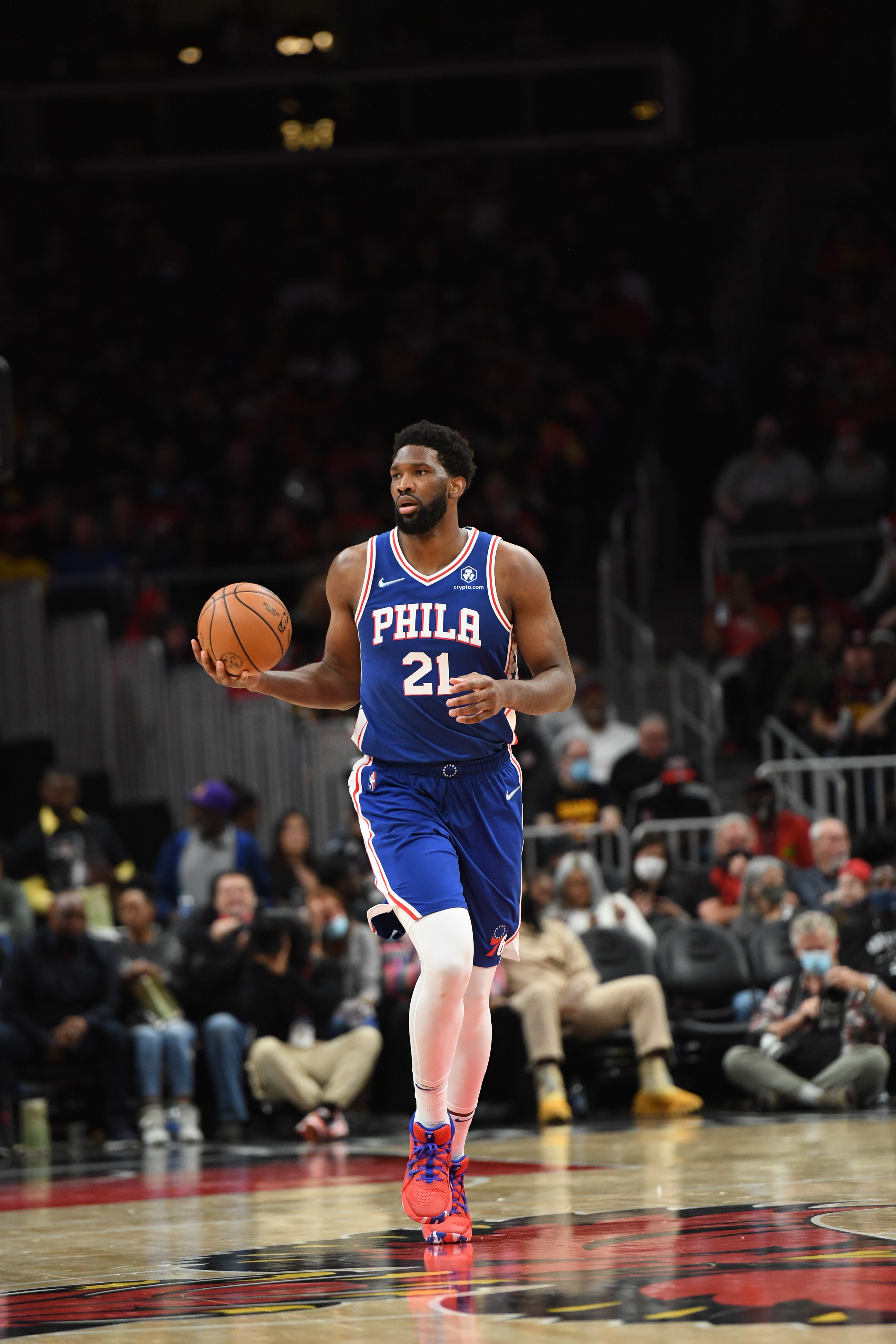 ATLANTA, GA - DECEMBER 3: Joel Embiid #21 of the Philadelphia 76ers dribbles the ball during the game against the Atlanta Hawks on December 3, 2021 at State Farm Arena in Atlanta, Georgia.  NOTE TO USER: User expressly acknowledges and agrees that, by downloading and/or using this Photograph, user is consenting to the terms and conditions of the Getty Images License Agreement. Mandatory Copyright Notice: Copyright 2021 NBAE (Photo by Adam Hagy/NBAE via Getty Images)