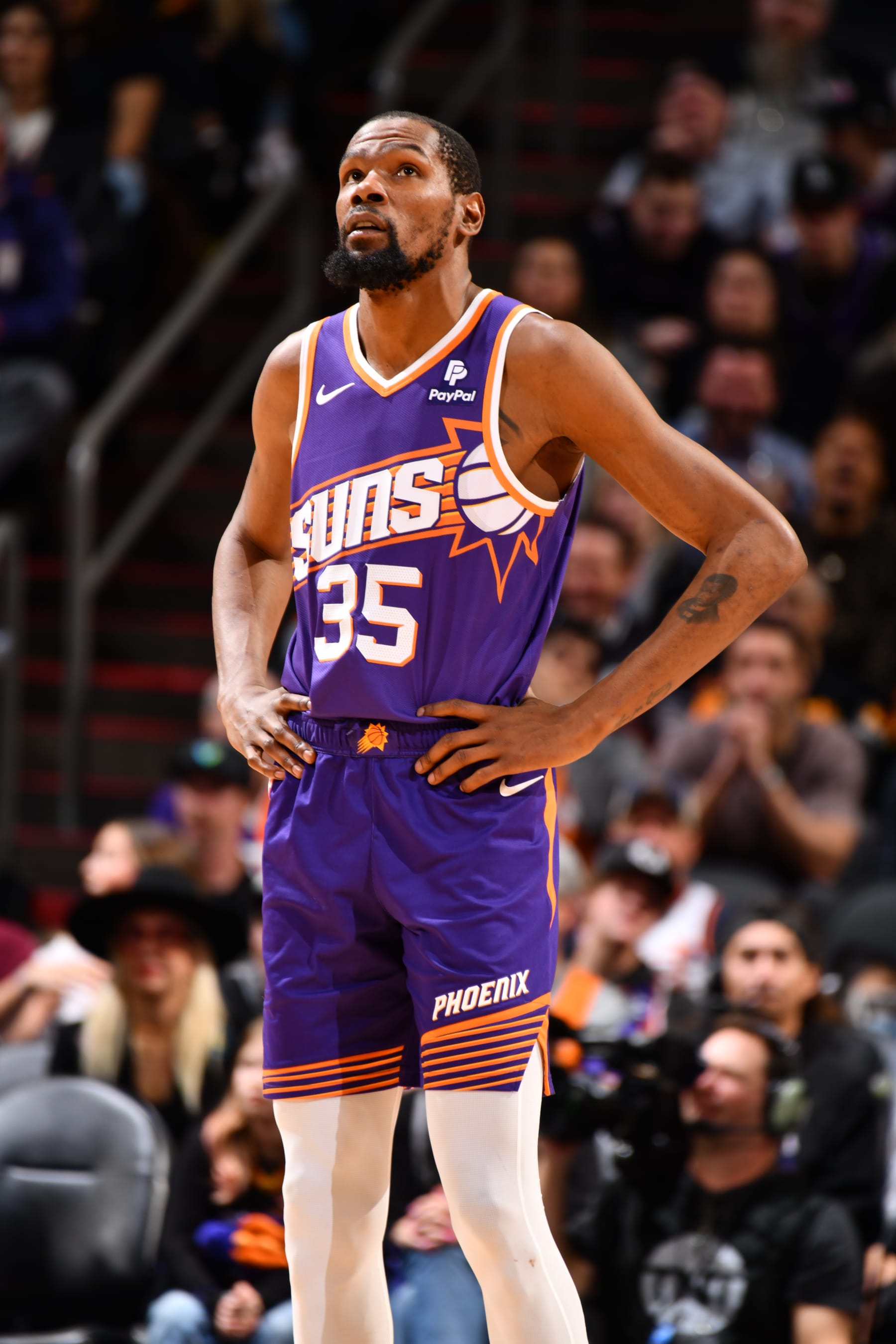 PHOENIX, AZ - FEBRUARY 13: Kevin Durant #35 of the Phoenix Suns smiles during the game against the Sacramento Kings on February 13, 2024 at Footprint Center in Phoenix, Arizona. NOTE TO USER: User expressly acknowledges and agrees that, by downloading and or using this photograph, user is consenting to the terms and conditions of the Getty Images License Agreement. Mandatory Copyright Notice: Copyright 2024 NBAE (Photo by Barry Gossage/NBAE via Getty Images)