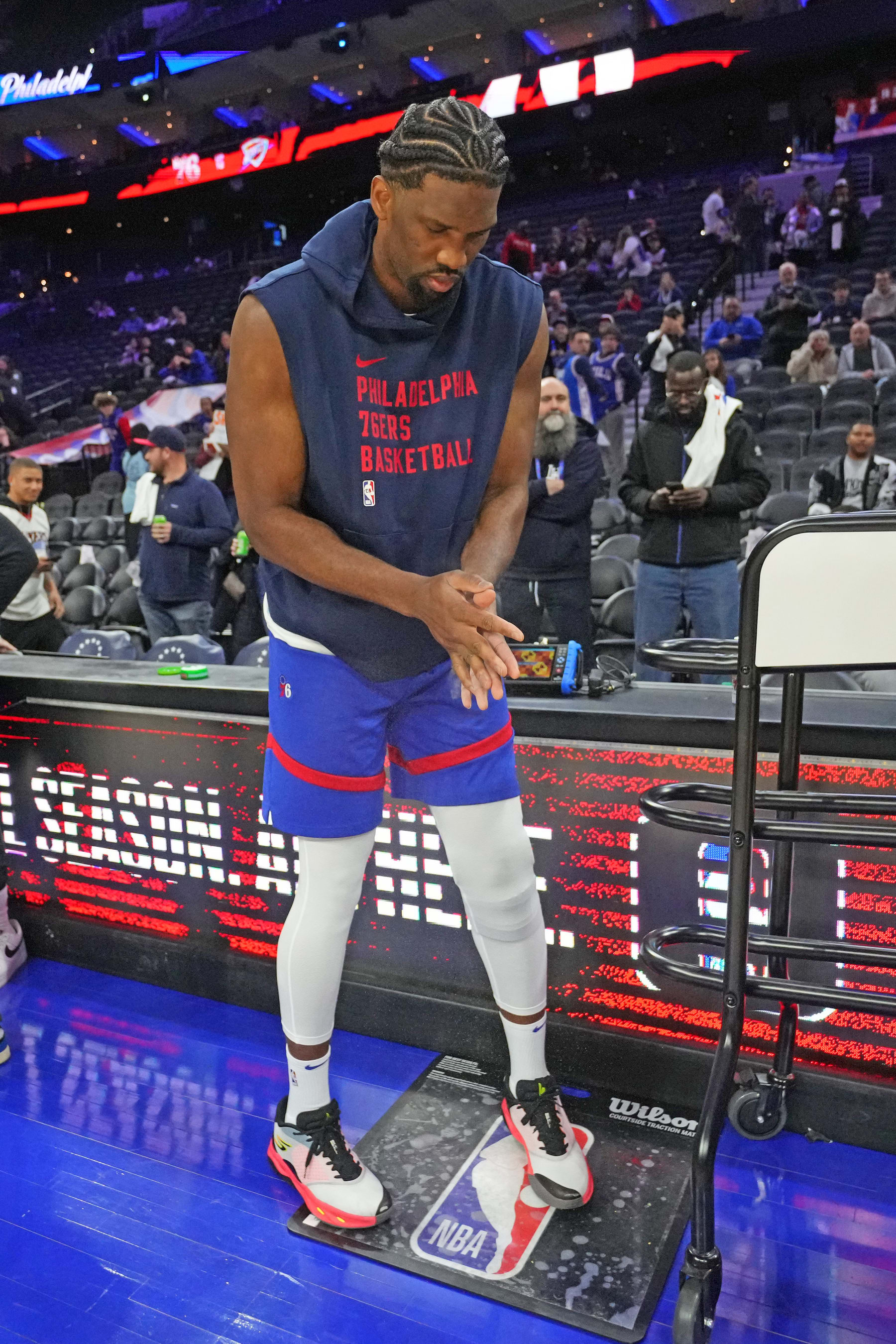 PHILADELPHIA, PA - APRIL 2 : Joel Embiid #21 of the Philadelphia 76ers warms up before the game against the Oklahoma City Thunder on April 2, 2024 at the Wells Fargo Center in Philadelphia, Pennsylvania NOTE TO USER: User expressly acknowledges and agrees that, by downloading and/or using this Photograph, user is consenting to the terms and conditions of the Getty Images License Agreement. Mandatory Copyright Notice: Copyright 2024 NBAE (Photo by Jesse D. Garrabrant/NBAE via Getty Images)