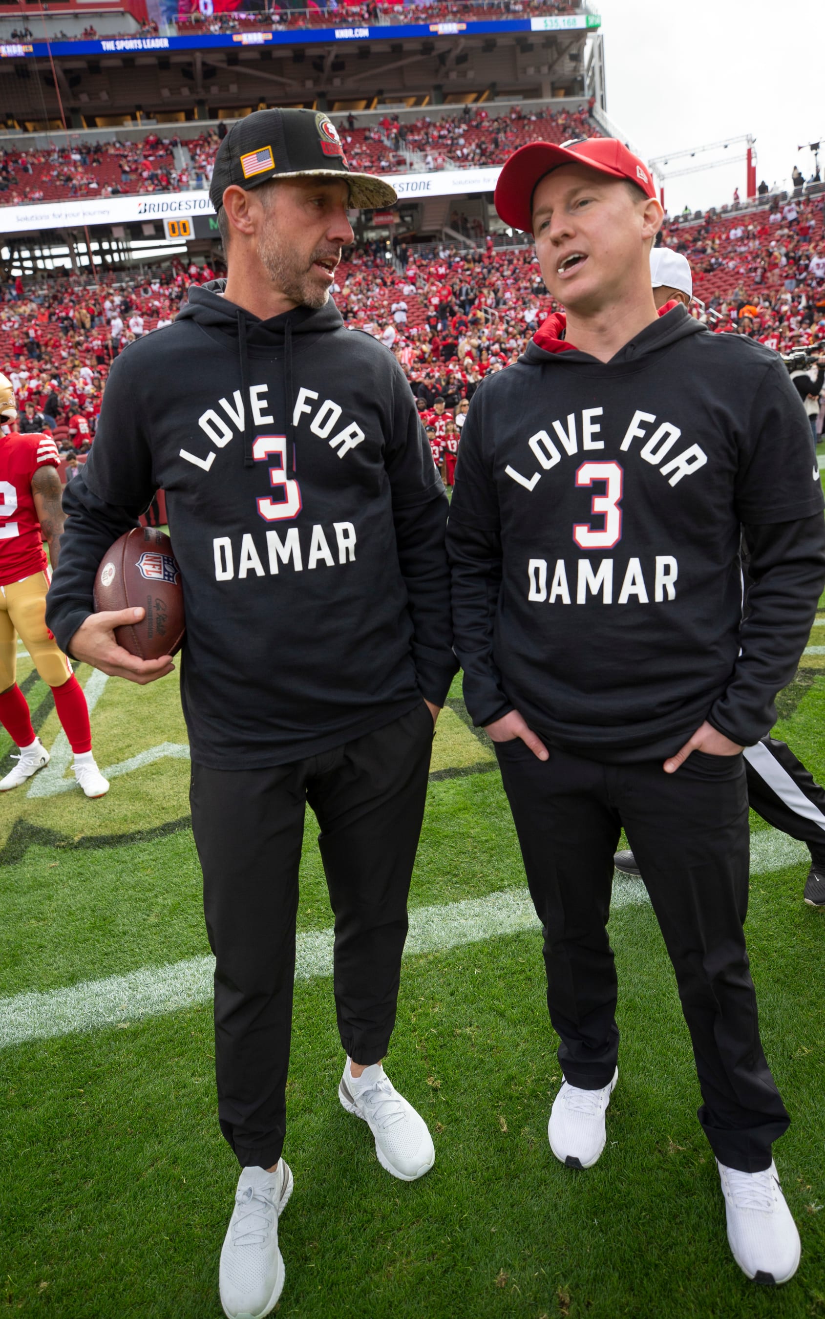 SANTA CLARA, CA - JANUARY 8: Head Coach Kyle Shanahan and Offensive Passing Game Specialist Bobby Slowik of the San Francisco 49ers on the field before the game against the Arizona Cardinals at Levi's Stadium on January 8, 2023 in Santa Clara, California. The 49ers defeated the Cardinals 38-13. (Photo by Michael Zagaris/San Francisco 49ers/Getty Images)