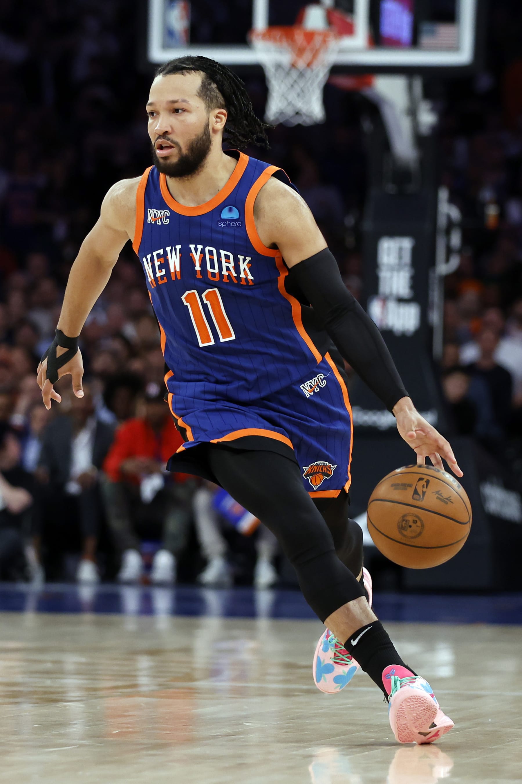 NEW YORK, NEW YORK - MAY 14: Jalen Brunson #11 of the New York Knicks dribbles during Game Five of the Eastern Conference Second Round Playoffs against the Indiana Pacers at Madison Square Garden on May 14, 2024 in New York City. The Knicks won 121-91. NOTE TO USER: User expressly acknowledges and agrees that, by downloading and or using this photograph, User is consenting to the terms and conditions of the Getty Images License Agreement. (Photo by Sarah Stier/Getty Images)