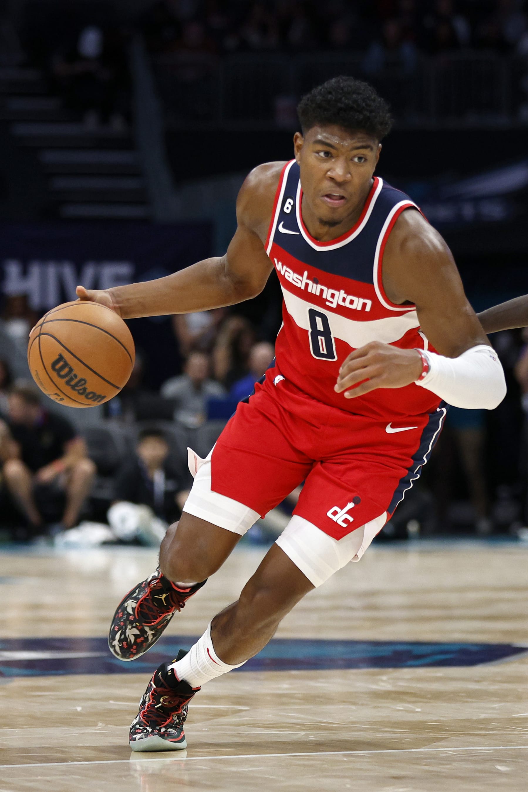 CHARLOTTE, NORTH CAROLINA - OCTOBER 10:  Rui Hachimura #8 of the Washington Wizards dribbles during the fourth quarter of the game against the Charlotte Hornets at Spectrum Center on October 10, 2022 in Charlotte, North Carolina. NOTE TO USER: User expressly acknowledges and agrees that, by downloading and or using this photograph, User is consenting to the terms and conditions of the Getty Images License Agreement. (Photo by Jared C. Tilton/Getty Images)