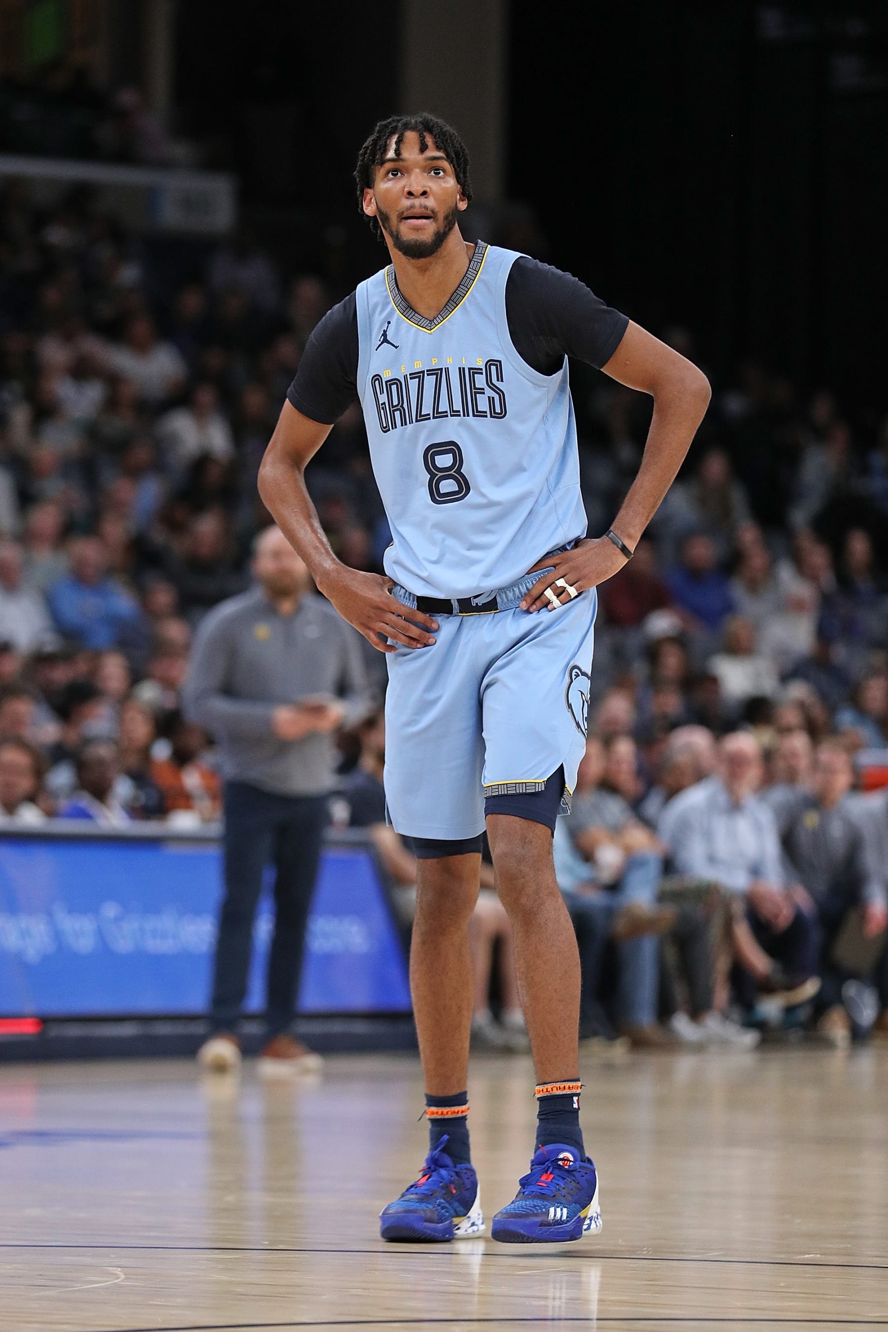 MEMPHIS, TENNESSEE - NOVEMBER 08: Ziaire Williams #8 of the Memphis Grizzlies during the game against the Miami Heat at FedExForum on November 08, 2023 in Memphis, Tennessee. NOTE TO USER: User expressly acknowledges and agrees that, by downloading and or using this photograph, User is consenting to the terms and conditions of the Getty Images License Agreement. (Photo by Justin Ford/Getty Images)