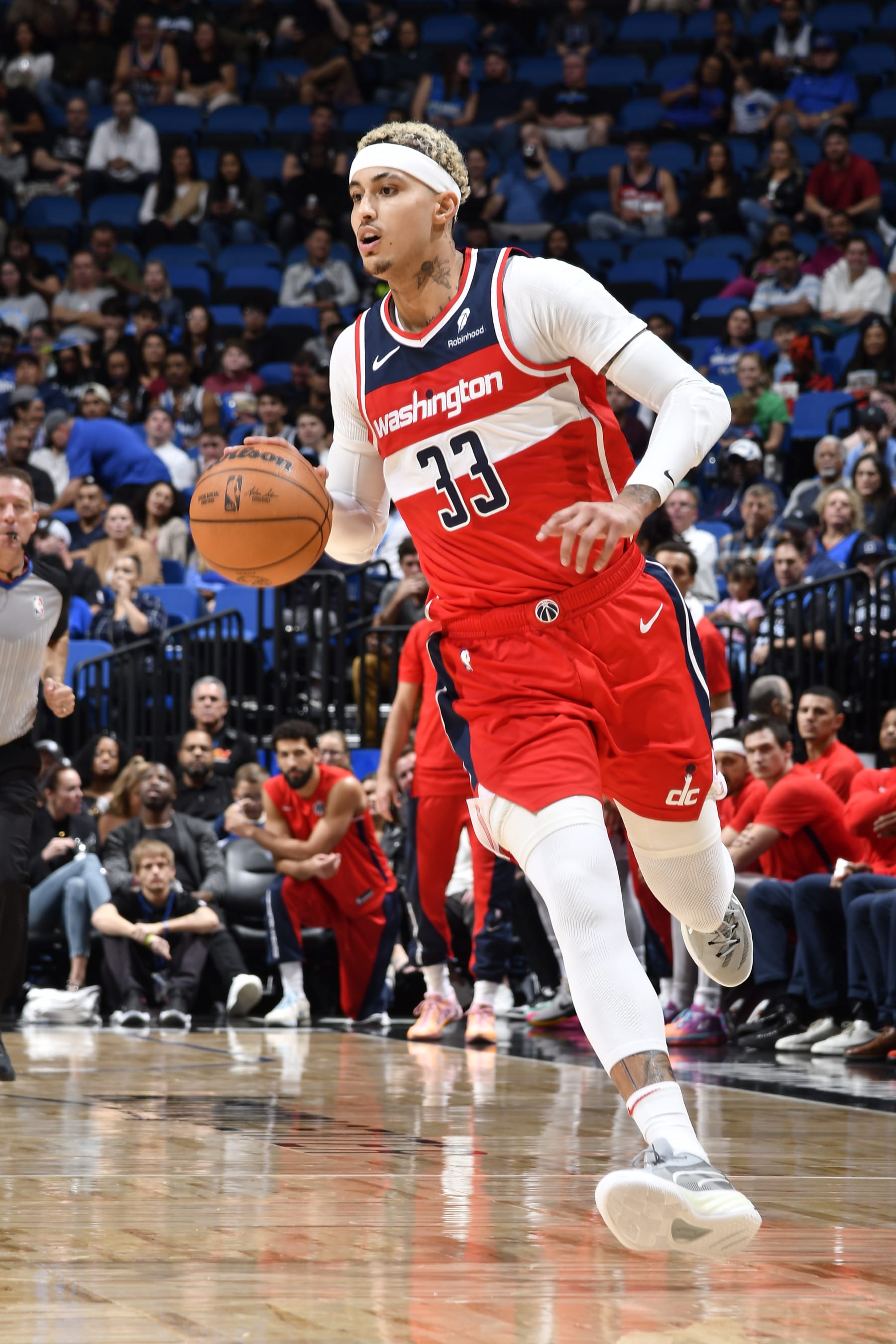 ORLANDO, FL - DECEMBER 1: Kyle Kuzma #33 of the Washington Wizards dribbles the ball during the game against the Orlando Magic on December 1, 2023 at the Amway Center in Orlando, Florida. NOTE TO USER: User expressly acknowledges and agrees that, by downloading and or using this photograph, User is consenting to the terms and conditions of the Getty Images License Agreement. Mandatory Copyright Notice: Copyright 2023 NBAE (Photo by Fernando Medina/NBAE via Getty Images)