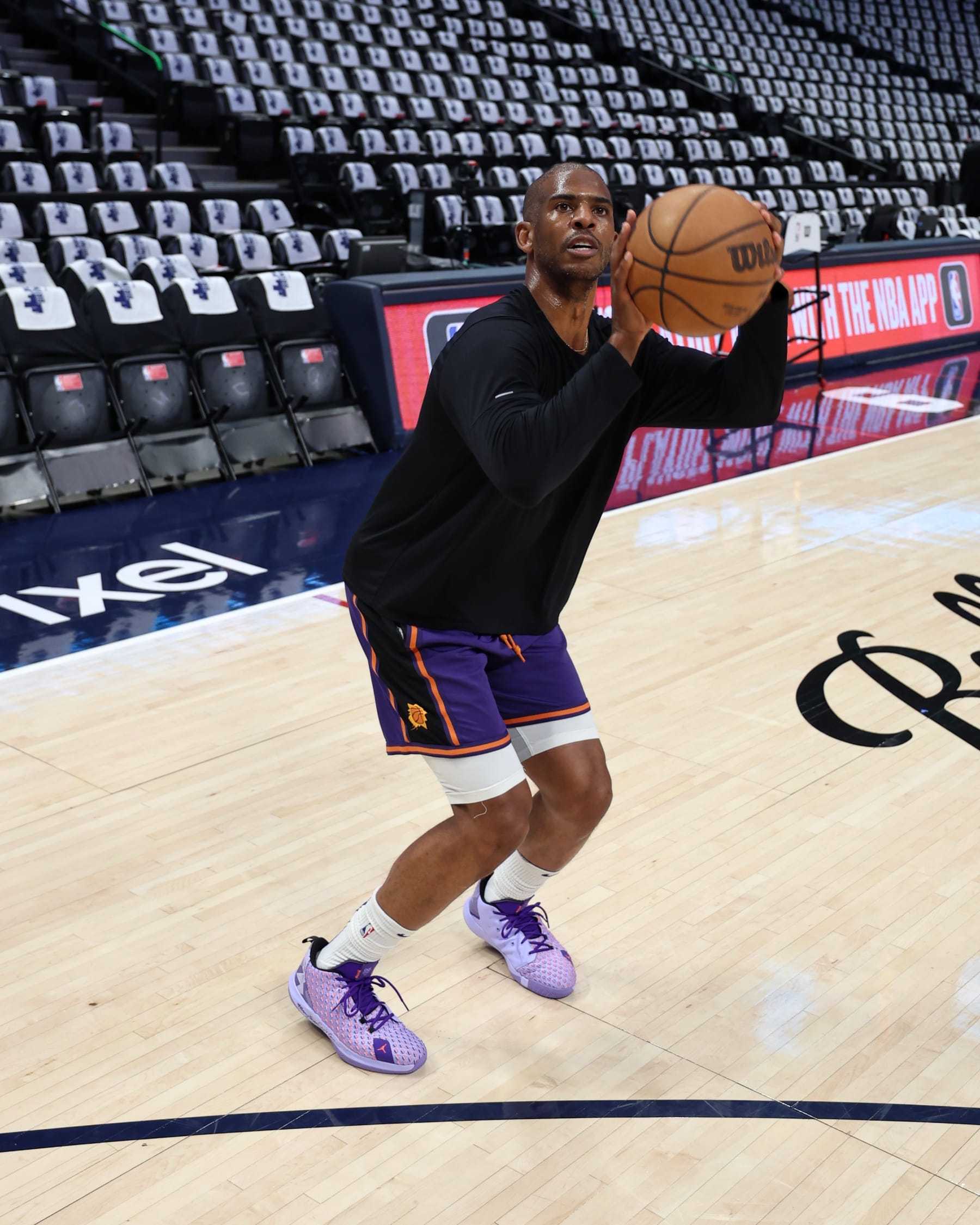 DENVER, CO - May 9: Chris Paul #3 of the Phoenix Suns warms up before Round 2 Game 5 of the 2023 NBA Playoffs Western Conference Semifinals against the Denver Nuggets on May 9, 2023 at Ball Arena in Denver, Colorado. NOTE TO USER: User expressly acknowledges and agrees that, by downloading and/or using this Photograph, user is consenting to the terms and conditions of the Getty Images License Agreement. Mandatory Copyright Notice: Copyright 2023 NBAE (Photo by Jim Poorten/NBAE via Getty Images)