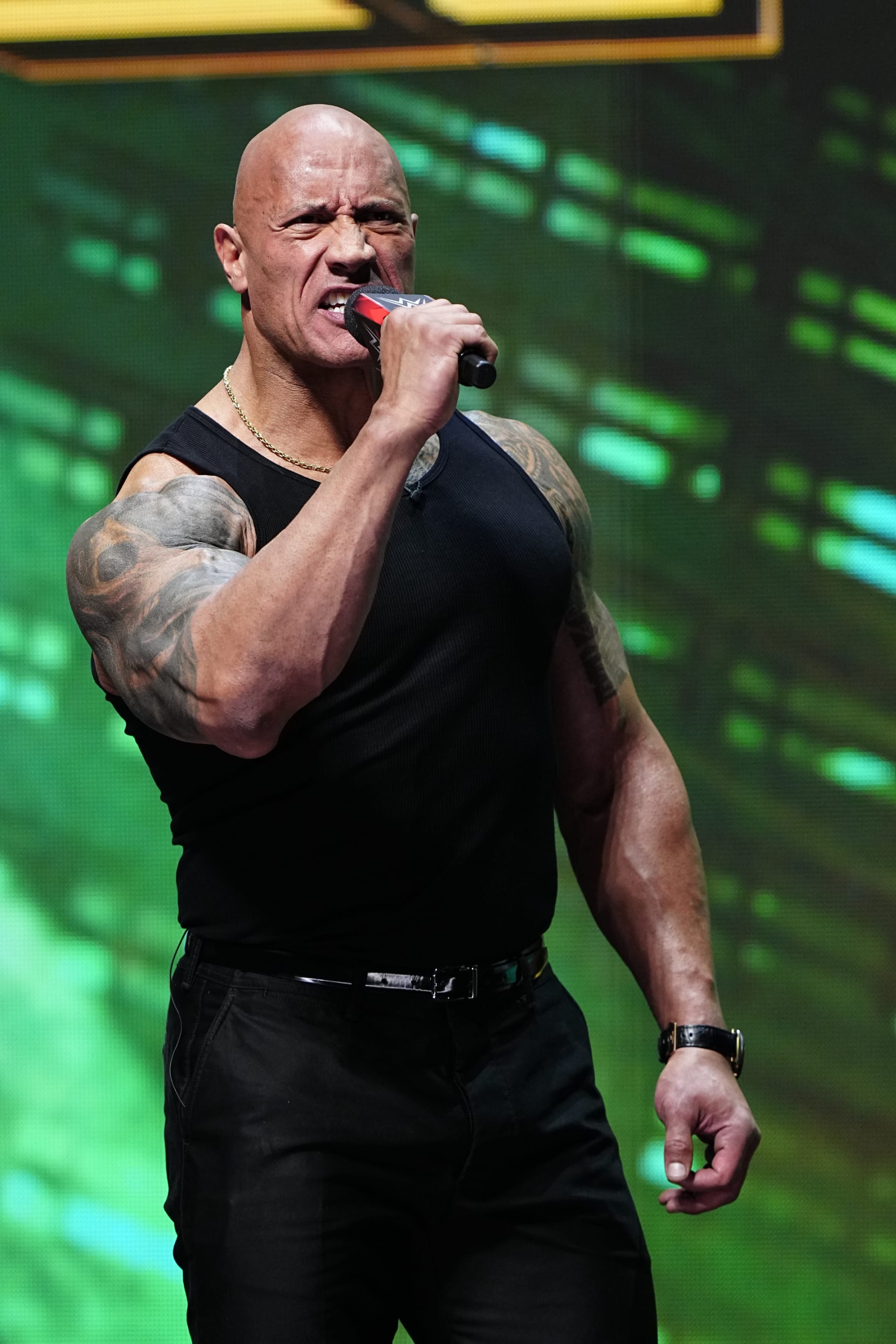 LAS VEGAS, NV - FEBRUARY 08:  Dwayne "The Rock" Johnson, Ten-Time WWE World Champion during the WWE Wrestlemania XL Kickoff on February 08, 2024, at T-Mobile Arena in Las Vegas, NV. (Photo by Louis Grasse/PXimages/Icon Sportswire via Getty Images)