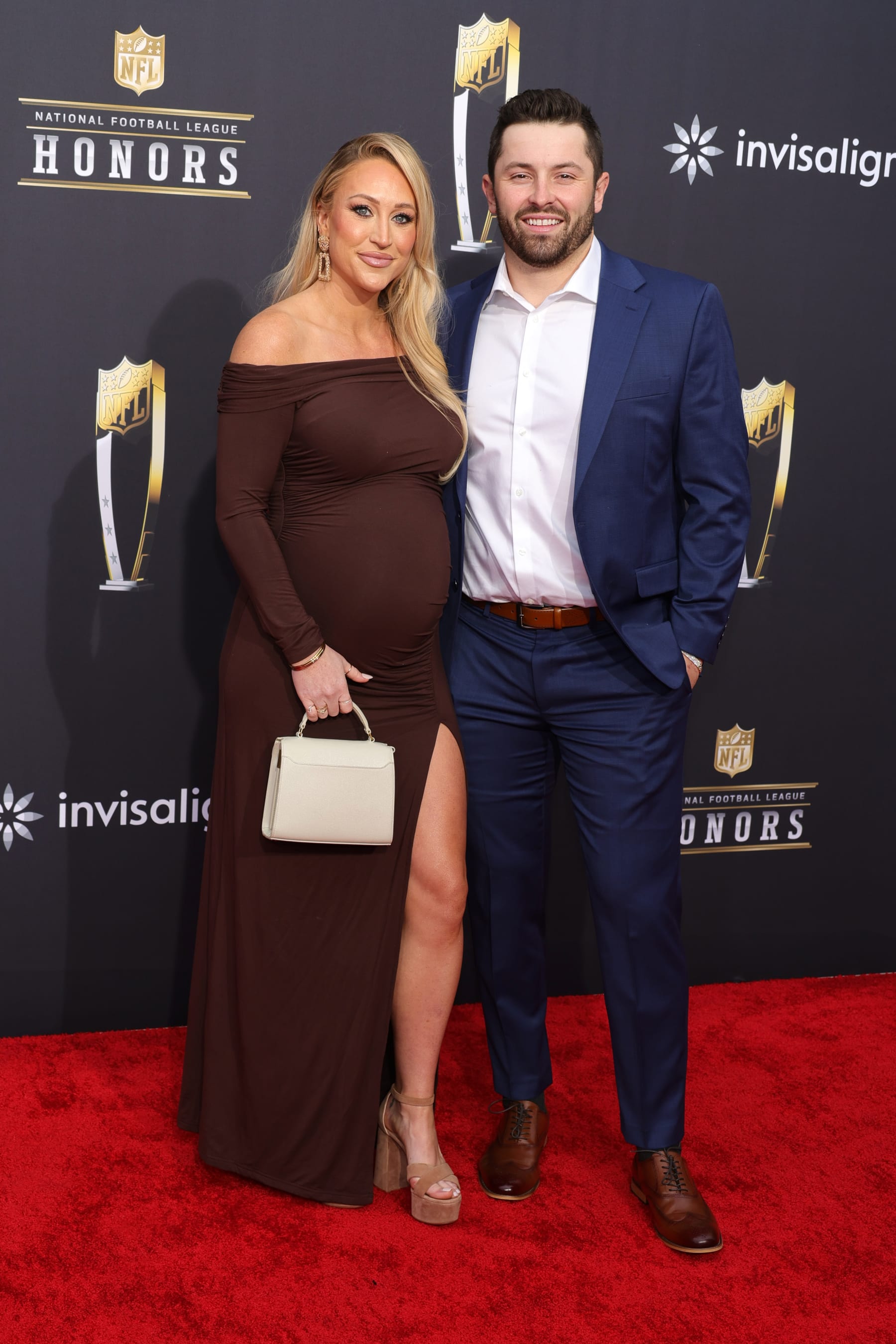 LAS VEGAS, NEVADA - FEBRUARY 08: (L-R) Emily Wilkinson and Baker Mayfield attend the 13th annual NFL Honors at Resorts World Theatre on February 08, 2024 in Las Vegas, Nevada. (Photo by Ethan Miller/Getty Images)
