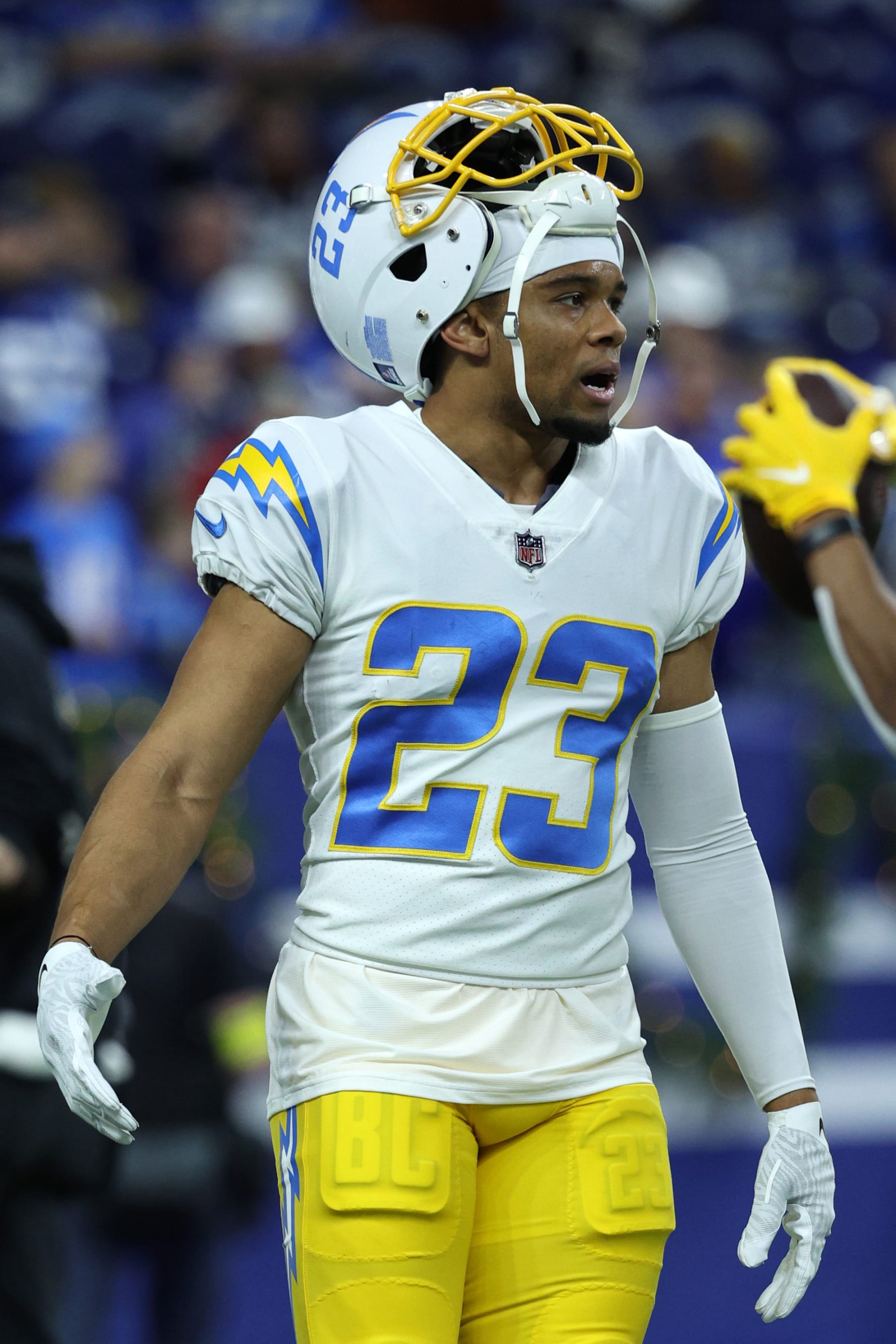INDIANAPOLIS, INDIANA - DECEMBER 26: Bryce Callahan #23 of the Los Angeles Chargers warms up prior to playing the Indianapolis Colts at Lucas Oil Stadium on December 26, 2022 in Indianapolis, Indiana. (Photo by Michael Hickey/Getty Images)