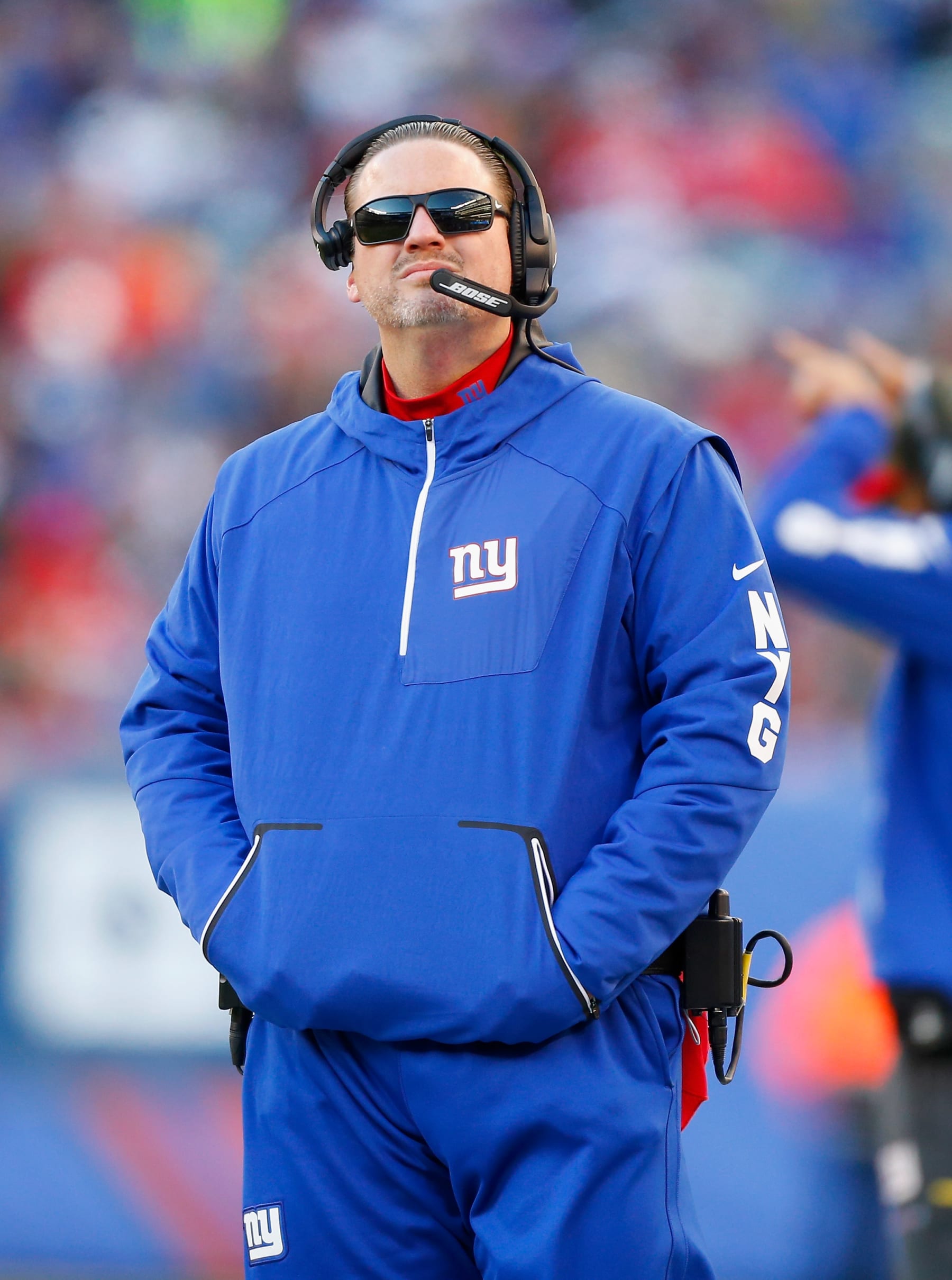 EAST RUTHERFORD, NJ - NOVEMBER 19:  (NEW YORK DAILIES OUT)    Head coach Ben McAdoo of the New York Giants looks on against the Kansas City Chiefs on November 19, 2017 at MetLife Stadium in East Rutherford, New Jersey. The Giants defeated the Chiefs 12-9 in overtime.  (Photo by Jim McIsaac/Getty Images)