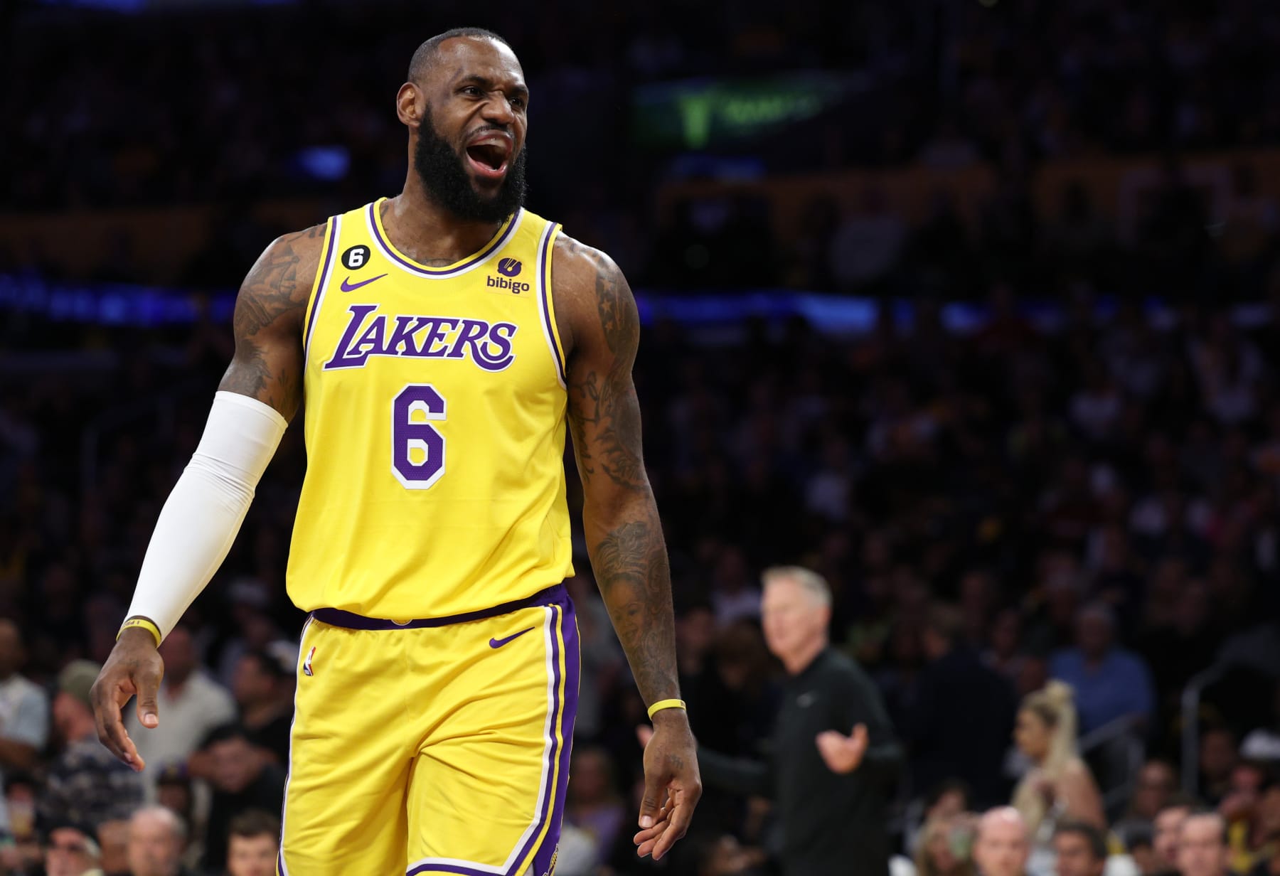 LOS ANGELES, CALIFORNIA - MAY 08: LeBron James #6 of the Los Angeles Lakers reacts against the Golden State Warriors during the first quarter in game four of the Western Conference Semifinal Playoffs at Crypto.com Arena on May 08, 2023 in Los Angeles, California. NOTE TO USER: User expressly acknowledges and agrees that, by downloading and or using this photograph, User is consenting to the terms and conditions of the Getty Images License Agreement. (Photo by Harry How/Getty Images)