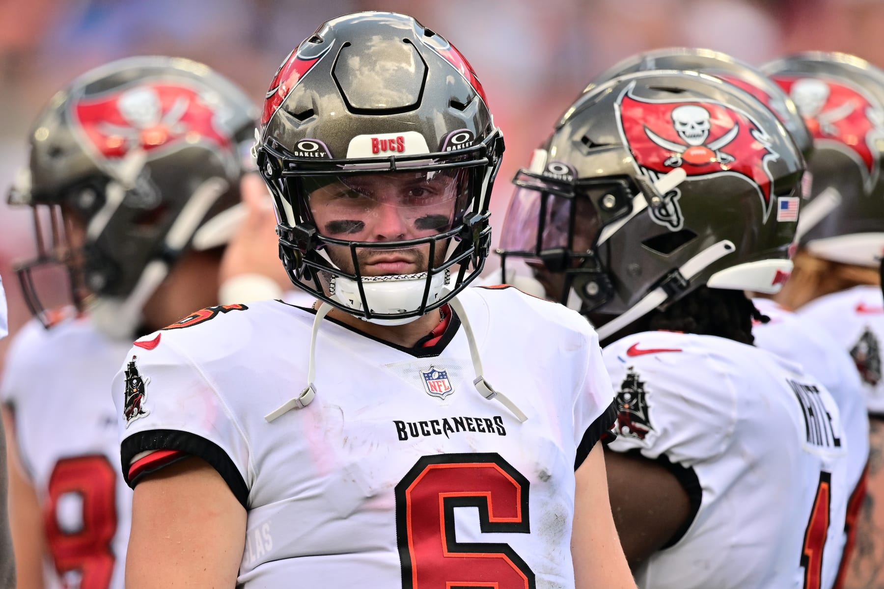 TAMPA, FLORIDA - SEPTEMBER 17: Baker Mayfield #6 of the Tampa Bay Buccaneers looks on during the second quarter against the Chicago Bears at Raymond James Stadium on September 17, 2023 in Tampa, Florida. (Photo by Julio Aguilar/Getty Images)