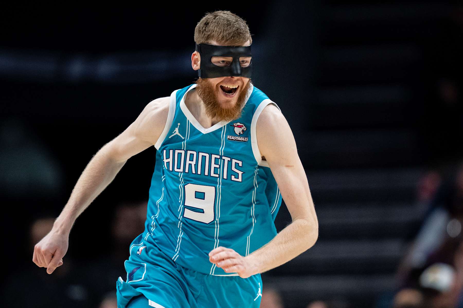 CHARLOTTE, NORTH CAROLINA - APRIL 05: Davis Bertans #9 of the Charlotte Hornets reacts in the fourth quarter during their game against the Orlando Magic at Spectrum Center on April 05, 2024 in Charlotte, North Carolina. NOTE TO USER: User expressly acknowledges and agrees that, by downloading and or using this photograph, User is consenting to the terms and conditions of the Getty Images License Agreement. (Photo by Jacob Kupferman/Getty Images)