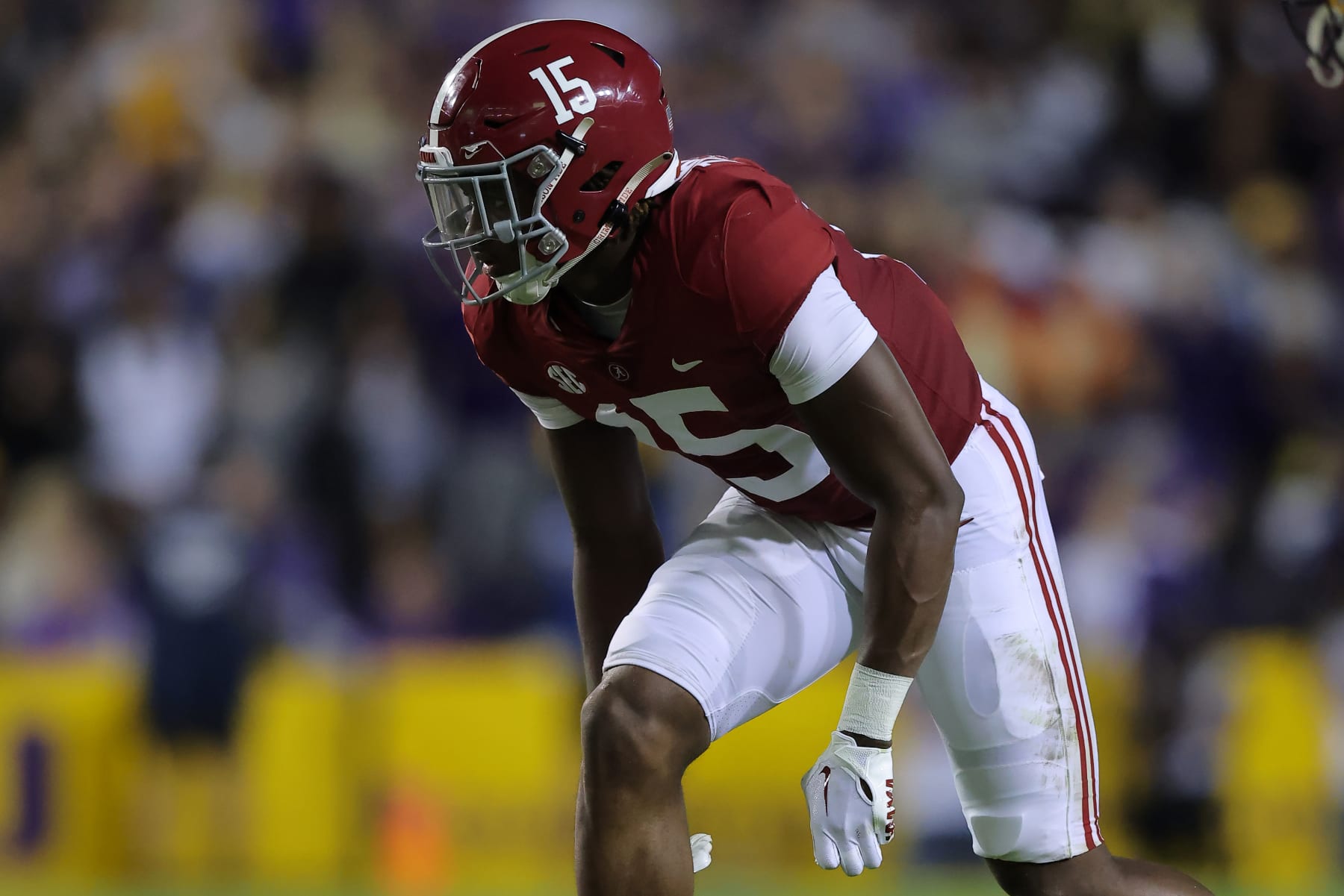 BATON ROUGE, LOUISIANA - NOVEMBER 05: Dallas Turner #15 of the Alabama Crimson Tide in action against the LSU Tigers during a game at Tiger Stadium on November 05, 2022 in Baton Rouge, Louisiana. (Photo by Jonathan Bachman/Getty Images)