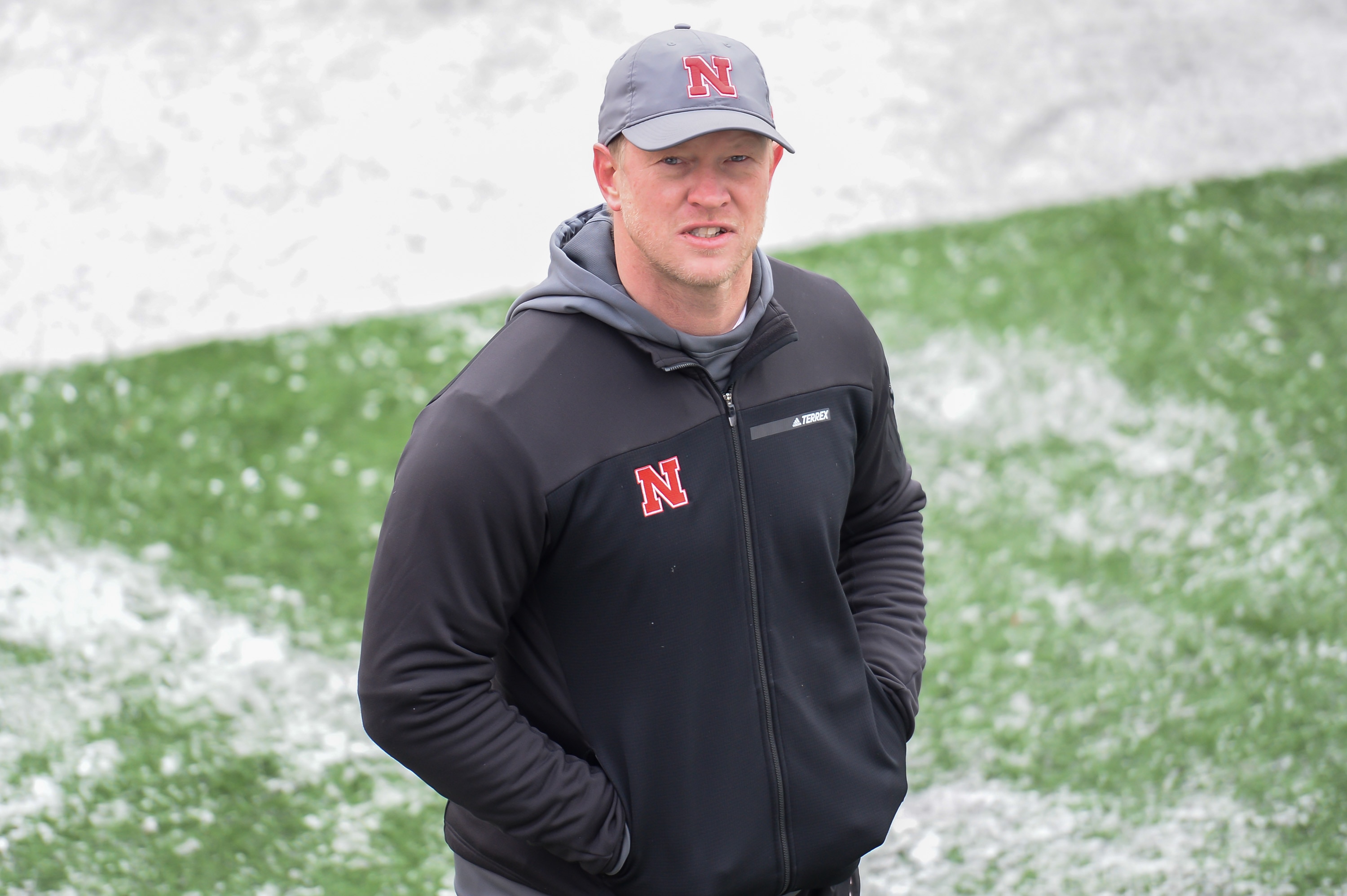 LINCOLN, NE - DECEMBER 12: Head coach Scott Frost of the Nebraska Cornhuskers on the field before the game against the Minnesota Golden Gophers at Memorial Stadium on December 12, 2020 in Lincoln, Nebraska. (Photo by Steven Branscombe/Getty Images)