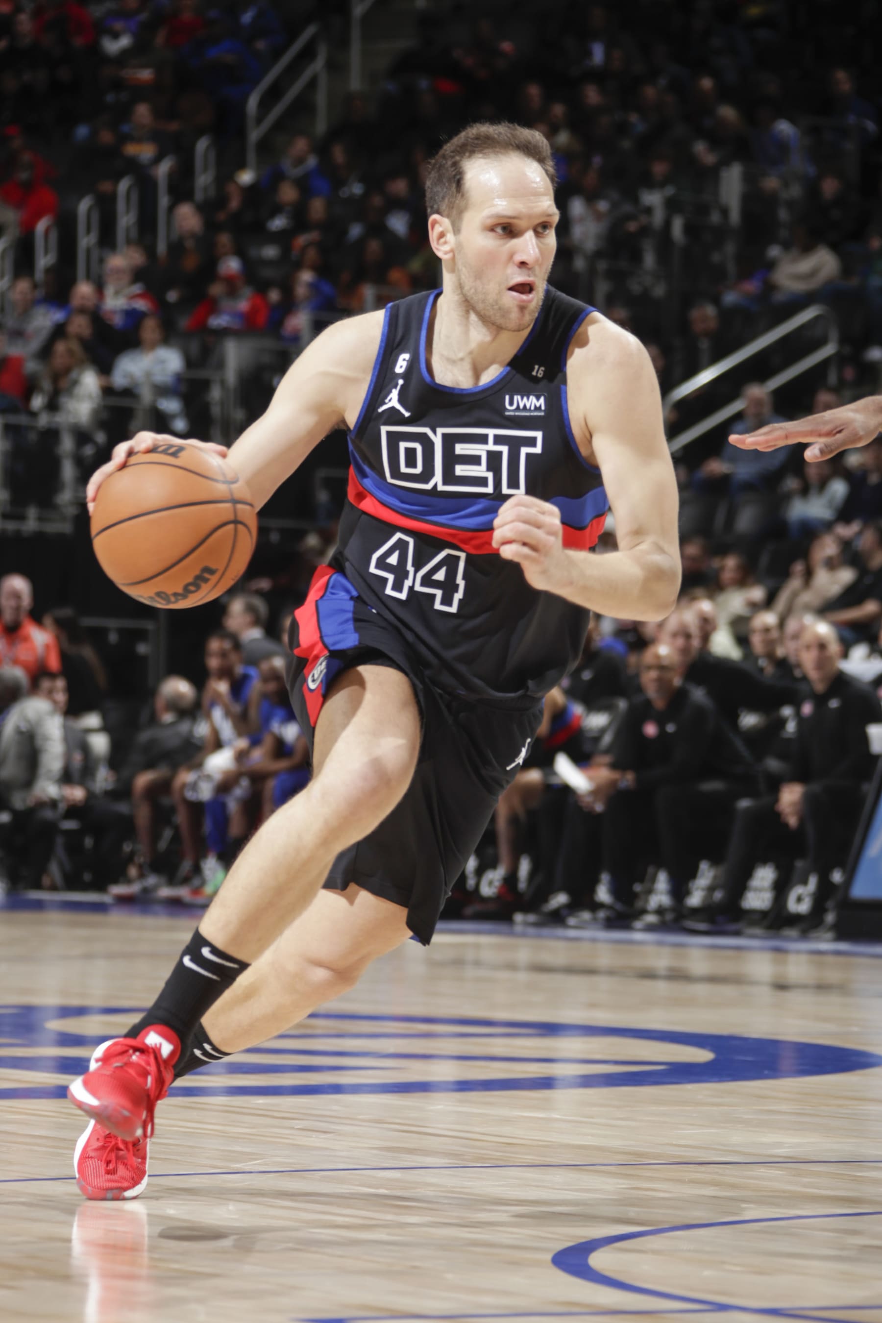 DETROIT, MI - FEBUARY 10:  Bojan Bogdanovic #44 of the Detroit Pistons goes to the basket during the game  on Febuary 10, 2023 at Little Caesars Arena in Detroit, Michigan. NOTE TO USER: User expressly acknowledges and agrees that, by downloading and/or using this photograph, User is consenting to the terms and conditions of the Getty Images License Agreement. Mandatory Copyright Notice: Copyright 2023 NBAE (Photo by Brian SevaldNBAE via Getty Images)