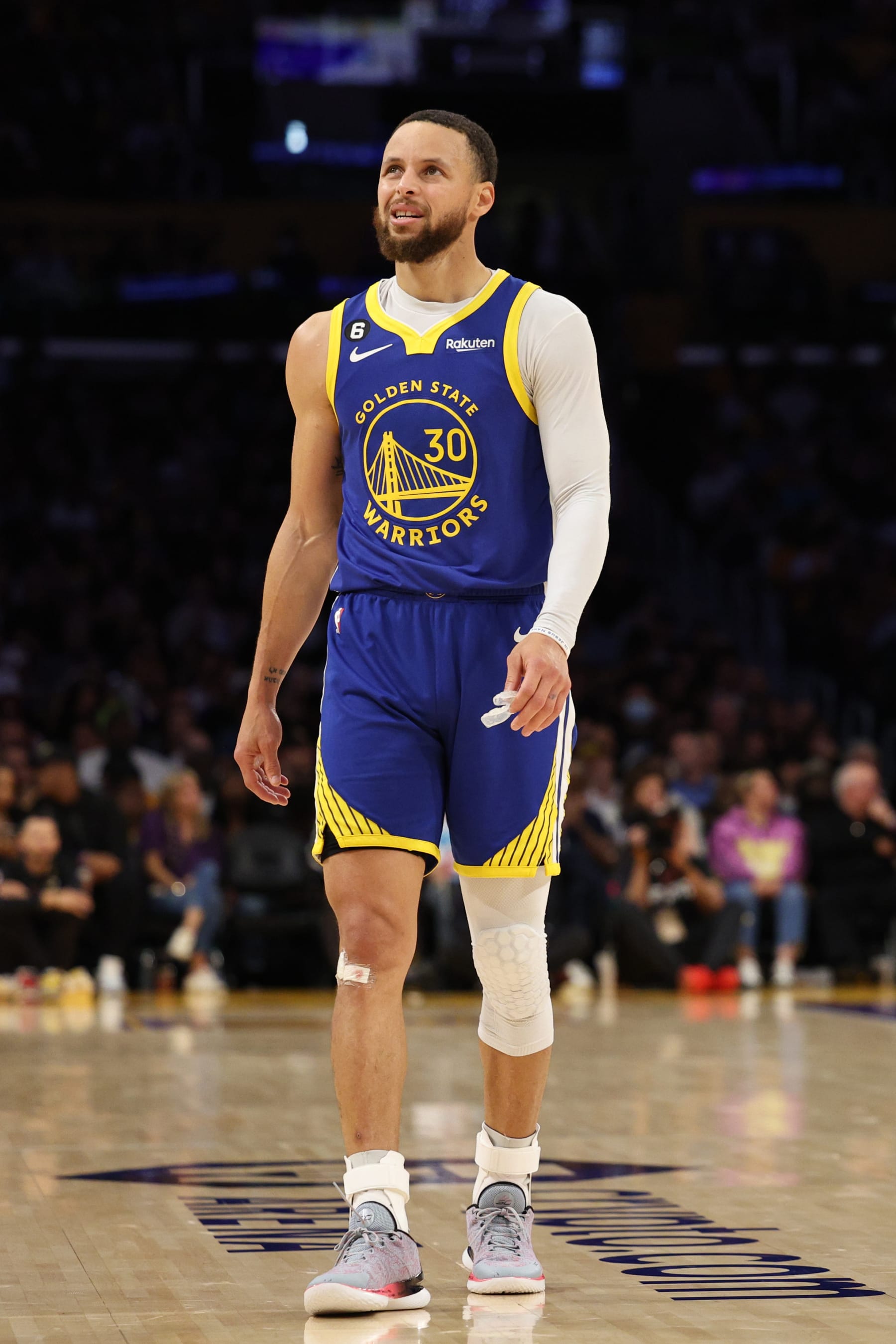 LOS ANGELES, CALIFORNIA - MAY 12: Stephen Curry #30 of the Golden State Warriors reacts during a break in the second quarter against the Los Angeles Lakers in game six of the Western Conference Semifinal Playoffs at Crypto.com Arena on May 12, 2023 in Los Angeles, California. NOTE TO USER: User expressly acknowledges and agrees that, by downloading and or using this photograph, User is consenting to the terms and conditions of the Getty Images License Agreement. (Photo by Harry How/Getty Images)