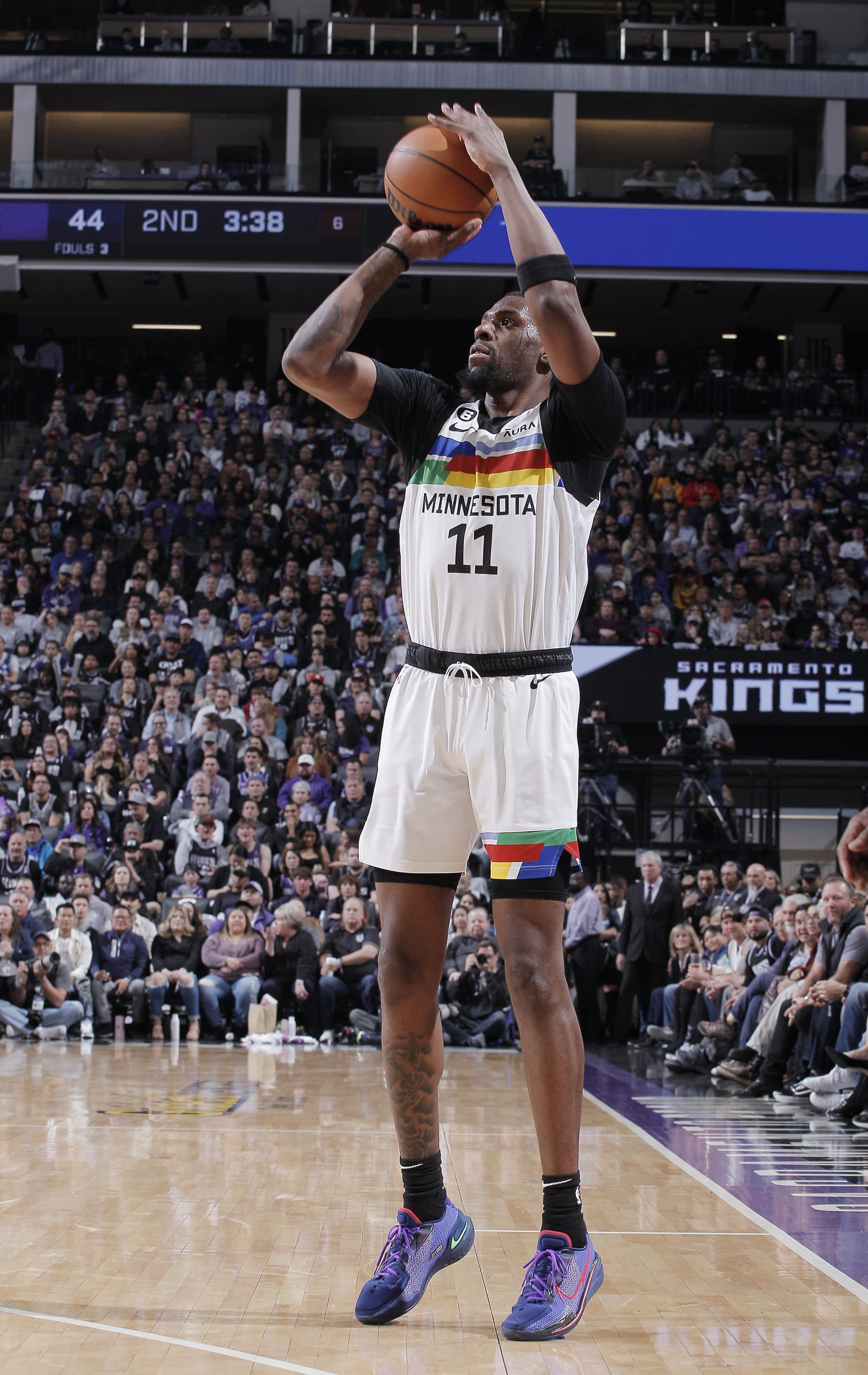 SACRAMENTO, CA - MARCH 27: Naz Reid #11 of the Minnesota Timberwolves shoots a three pointer during the game against the Sacramento Kings on March 27, 2023 at Golden 1 Center in Sacramento, California. NOTE TO USER: User expressly acknowledges and agrees that, by downloading and or using this photograph, User is consenting to the terms and conditions of the Getty Images Agreement. Mandatory Copyright Notice: Copyright 2023 NBAE (Photo by Rocky Widner/NBAE via Getty Images)